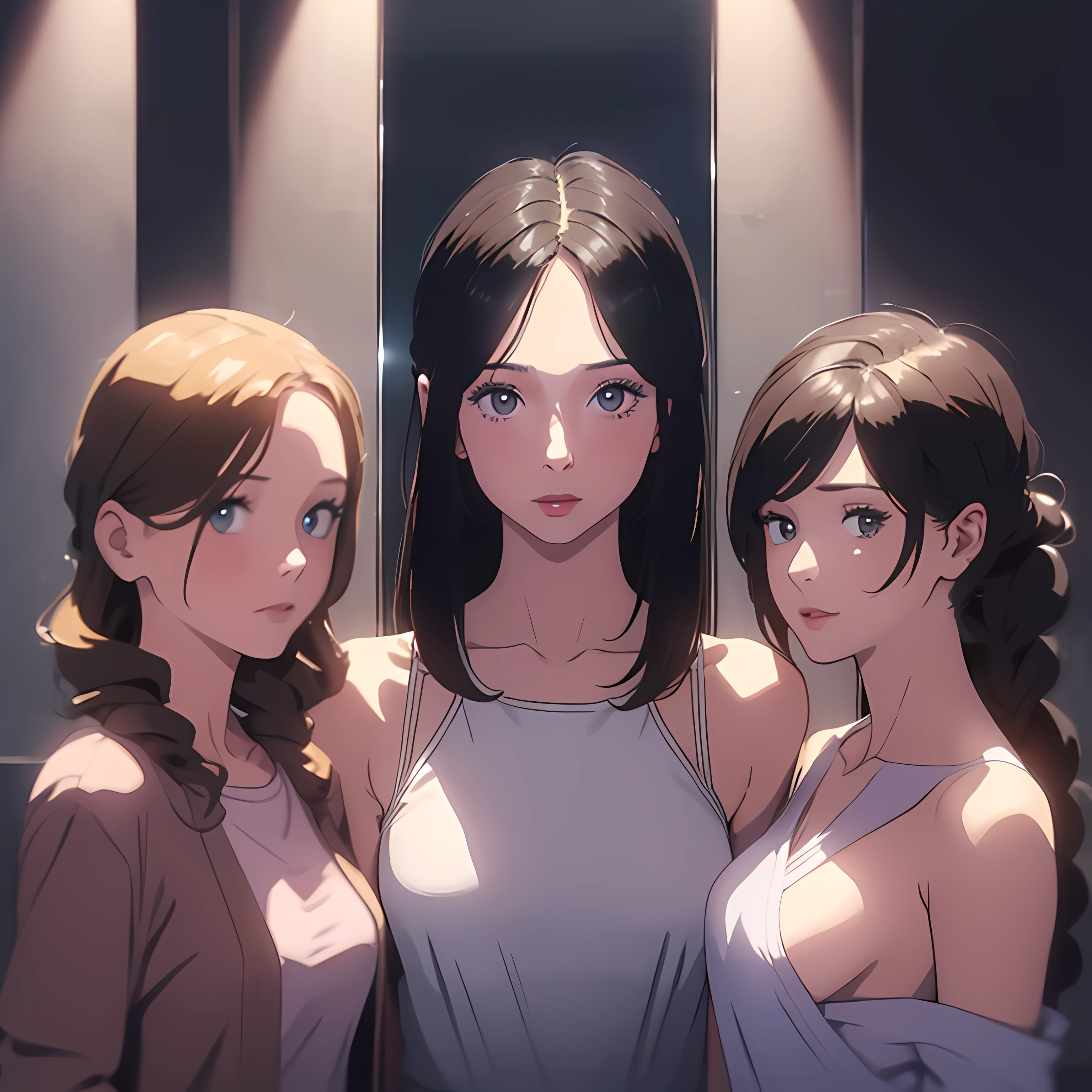 Three women standing in front of a mirror in a room - SeaArt AI