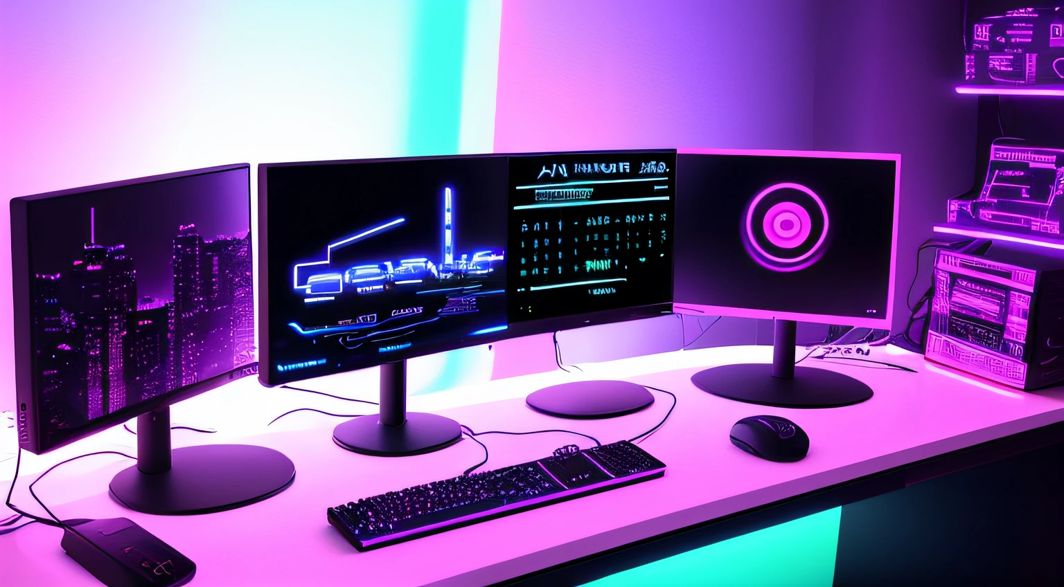 Dim computer desk with multiple monitors and keyboards、Cyberpunk settings、Cyberpunk settings、Cyber Neon Lighting、Cyberspace、cyberpunk with neon lighting、Cyber Neon Light、Cyberpunk themed room、Cyberpunk Interior、Gamer screen on metal desk、SF Computer、cyber background、Cyber Installation、console、computers、Laffy art style、Robifeel、chillhop、Pastel Synth Wave、Lofivibe、Rafert、Loffy Boy、Lopey、anime vibes、lo fi colors、vaporwave cartoon、cyber background