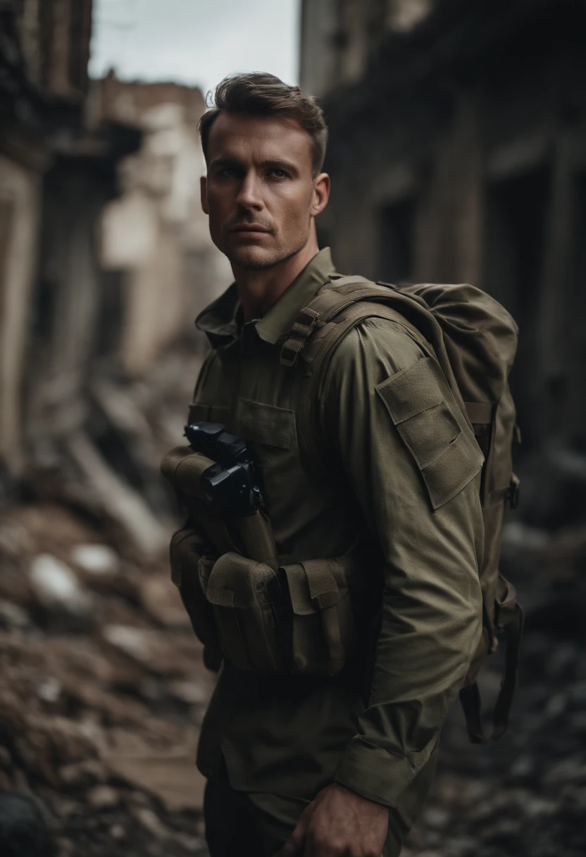 Generate an image of a resilient man looking directly at the camera. He's wearing a tactical long-sleeved military shirt, carrying a tactical military backpack. His clothing is slightly torn, and he stands in the midst of a city in ruins