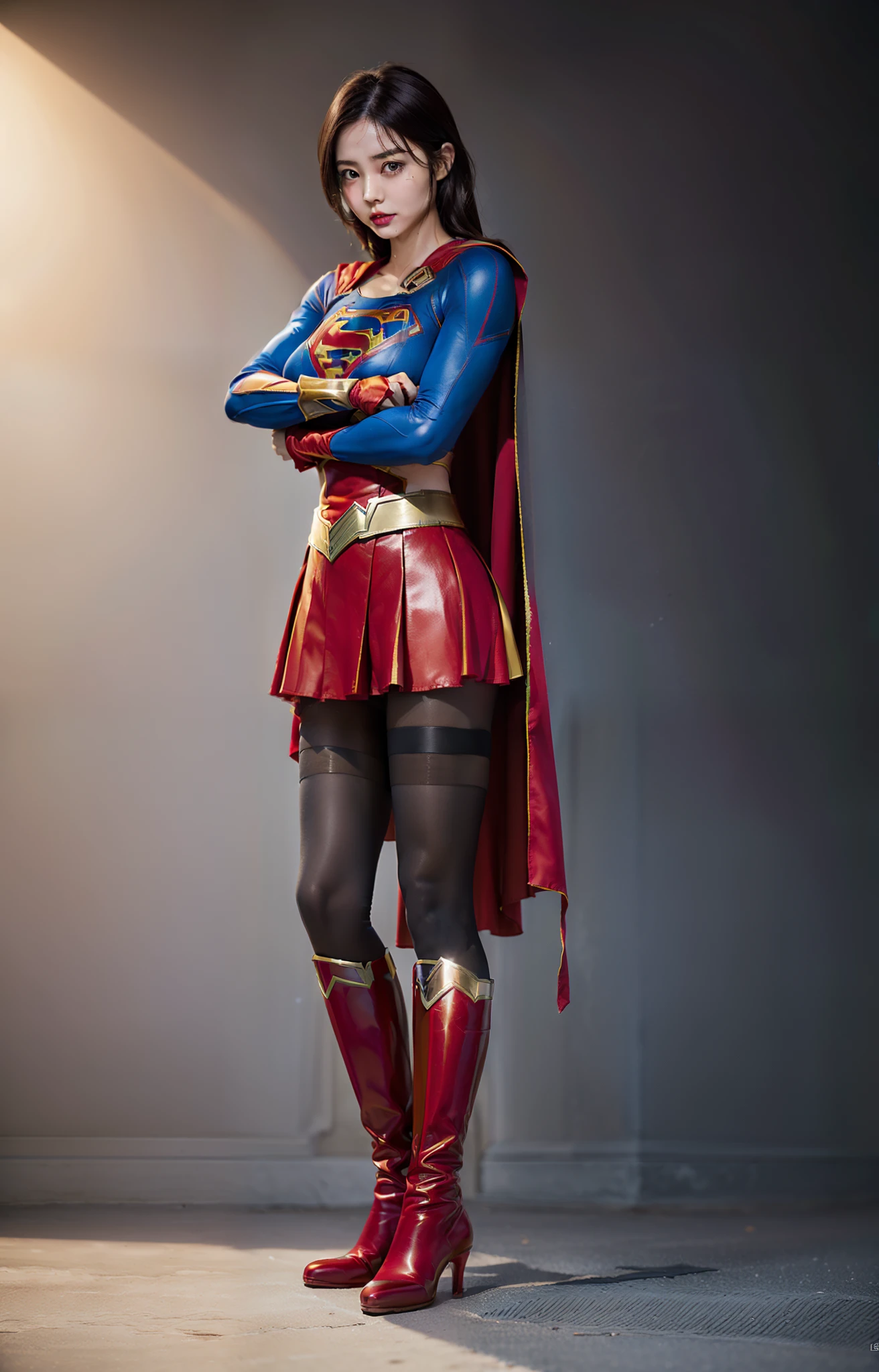 (((Make the most of the original image)))、(((Supergirl Costume)))、(((lustrous dark hair)))、(((Suffering)))、(((Feet must necessarily be worn with black tights)))、(((You need to wear red boots)))、((Top image quality、8K))、((top-quality、8K、​masterpiece:1.3))、Crisp focus:1.2、Beautiful woman with perfect body shape:1.4、Slender Abs:1.2、((layers-Cut、large boob:1.2))、a wet body:1.5、Highly detailed facial and skin texture、