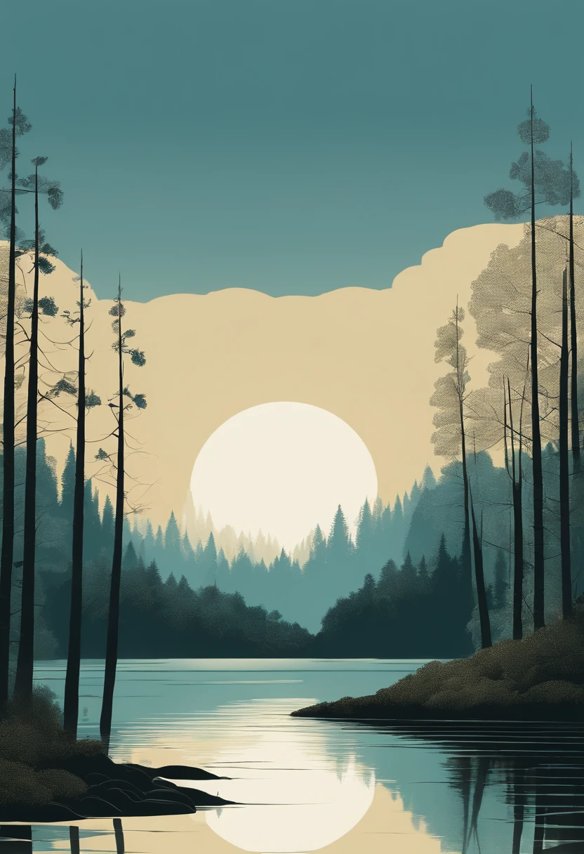 a thick forest reflecting in a calm lake, surrealism, networks in the sky, blue colour scheme, by alessandro gottardo