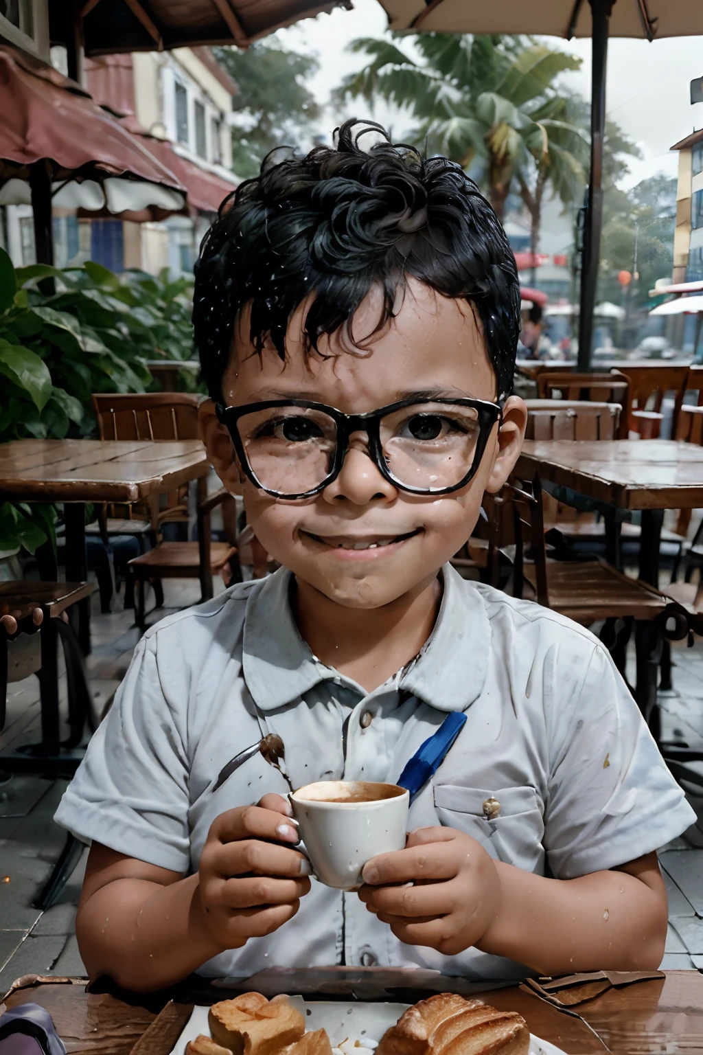 loranerdinho1, Create an exceptionally detailed and hyper-realistic portrait of a happy 3-year-old boy wearing glasses. He's sitting in an outdoor café in a rainy, Cidade cinzenta, holding a cup of coffee in his tiny hands as a croissant rests on the table. The mood is gloomy, with rain leaving the ground around the boy wet. The image should capture the subtleties of the boy's features and the atmosphere of the (((dia chuvoso com detalhes meticulosos))). Use Octane rendering for realistic textures and lighting. The resolution should be an impressive 8K, ensuring extraordinary clarity and precision.