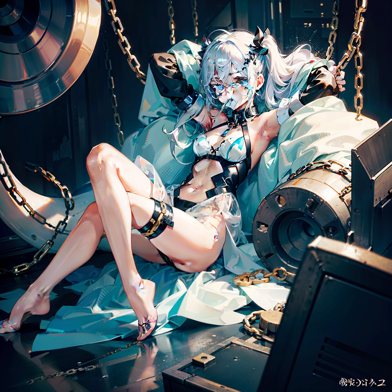 The girl has white hair，The girl's pupils turned upwards，Only a small pupil can be seen，Girl wearing sex stockings on her legs，Girl wearing erotic panties，The three walls of the cell have no windows, Black walls, and dense iron railings in the other direction, The girl can't escape，The girl was in a dimly lit cell，The girl lay on the floor of the cell，Many cells were covered with tentacles and chains，Girl next to boy in girls' cell，The boy wears a prisoner's uniform，There was a boy next to the girl，A dragon's tail grows from the girl's ass，Blue eyes，The girl is beautiful，with two legs，The girl's face is human，The girl did not wear shoes，The girl raised her hands above her head and the back of her head, The girl's hands were locked，The girl showed her armpits，The girl has white liquid under her armpits，Wear sex stockings on your legs，The girl was not wearing any clothes，The girl exposes her sexual organs，Girls wear only underwear and bras，white liquid on your face，The girl had a white liquid in her mouth，There is a white liquid on the body。There is a white liquid next to the girl。The girl wears a pink dog collar around her neck，The dog collar is connected with a chain。The girl opened her mouth wide，Sticking out his tongue,Completely bare shoulders and abdomen，The girl gasped。Slim legs，delicated face，The girl has white liquid on her face，Small and delicate feet。The thighs and calves are fully presented in front of me。No shoes on，The girl's collar was tied to an iron chain around her ankle。The collar on the girl's thigh is connected with a chain，Girl in a place full of iron ingots and tentacles，There was a large amount of white liquid on the floor of this cell，There is a lot of white liquid on the girl。There was a tentacle wrapped around the girl's abdomen，There are tentacles wrapped around the girl's body，There are a lot of girls' tentacles wrapped around，The girl also had many chains tied around her body。