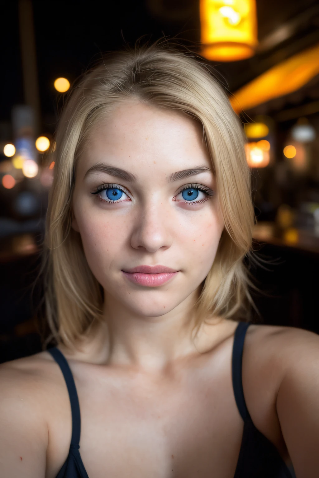 (selfie shot, from above: 1.4), (half-body portrait: 1.4), 24-year-old blonde (blue-eyed woman) walking in a bar RAW uhd portrait photo, natural breast_b, city background at night, (yellow sundress), (crack), detailed (texture!, hair!, shine, color!!, flaws: 1.1), highly detailed glowing eyes, (looking at camera), specular light, dslr, extreme quality, sharp focus, sharp, dof, Film grain, (centered), Fujifilm XT3, crystal clear, center of frame, cute face, sharp focus, street lamp, neon lights, bokeh, (dark light), low key, night, (night sky ) detailed skin pores, oil Dark skin, brown, complex eye details