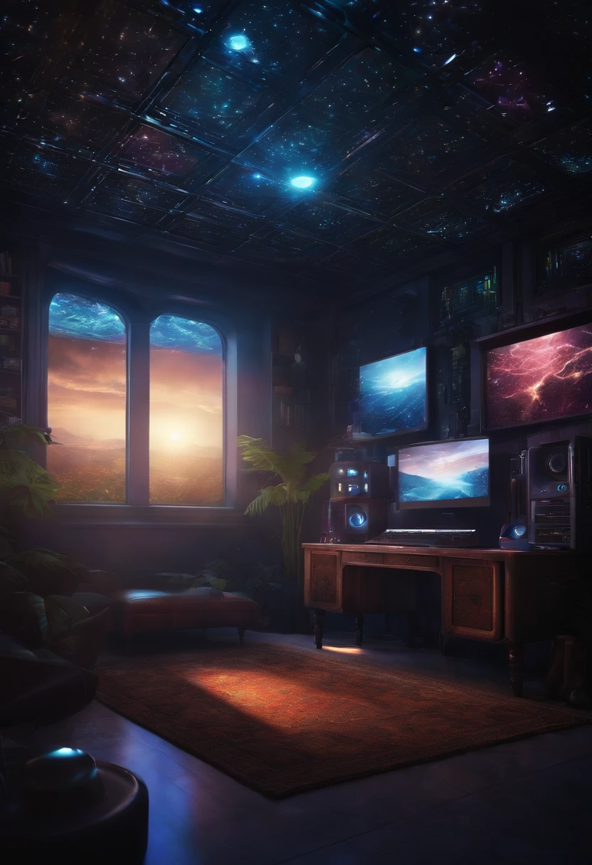 room with cyber atmosphere, many light sources, digital art, very real
