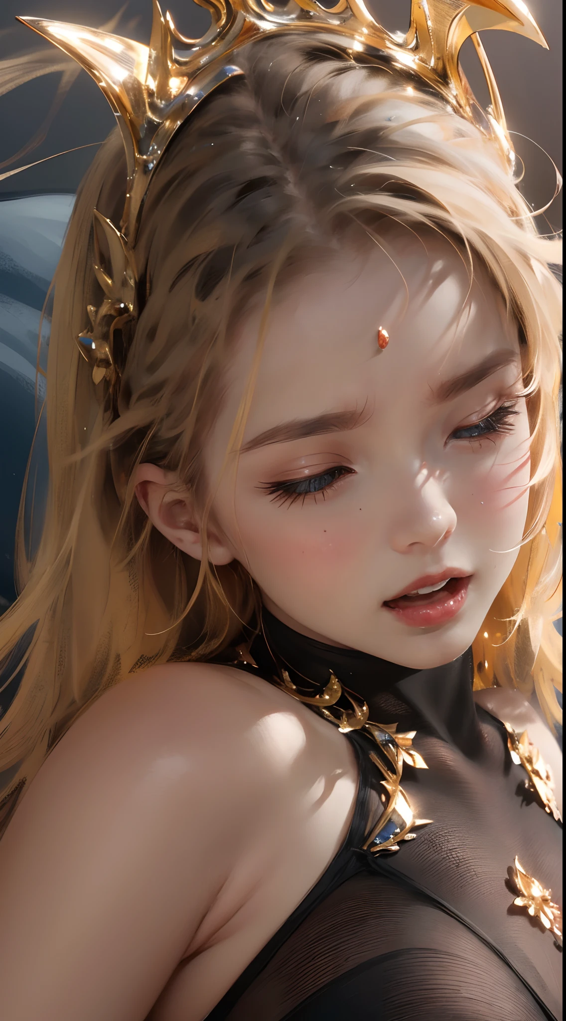 1womanl, Solo, Flat color,A queen、Princess、 (masutepiece, finely detailed beautiful eye: 1.15), Lustrous skin,Realistic,1womanl,lightsmile,Looking at Viewer,Blonde long straight hair,laying on back、lying back on、smil、Happy、 (masutepiece:1.15), (Best Quality:1.15), (Ultra-detailed:1.11), (Illustration:1.1), (Detailed light:1.1), (extremely delicate and beautiful:1.2), Ultimate Cute Face,big eye、beautidful eyes、blue eyess、 Wet sundress takes off, tits out、teats、NSFW, Colossal tits,wlop, Orange sky, Sunset, Cinematic lighting, (Floating Silk), Splash, 1girl in, Open mouth, (Tongue out:0.9),(Extra close-up face:1.2), Looking Up,cuminmouth, Break Girl, (Closed eyes:0.9), Break the background of the bed