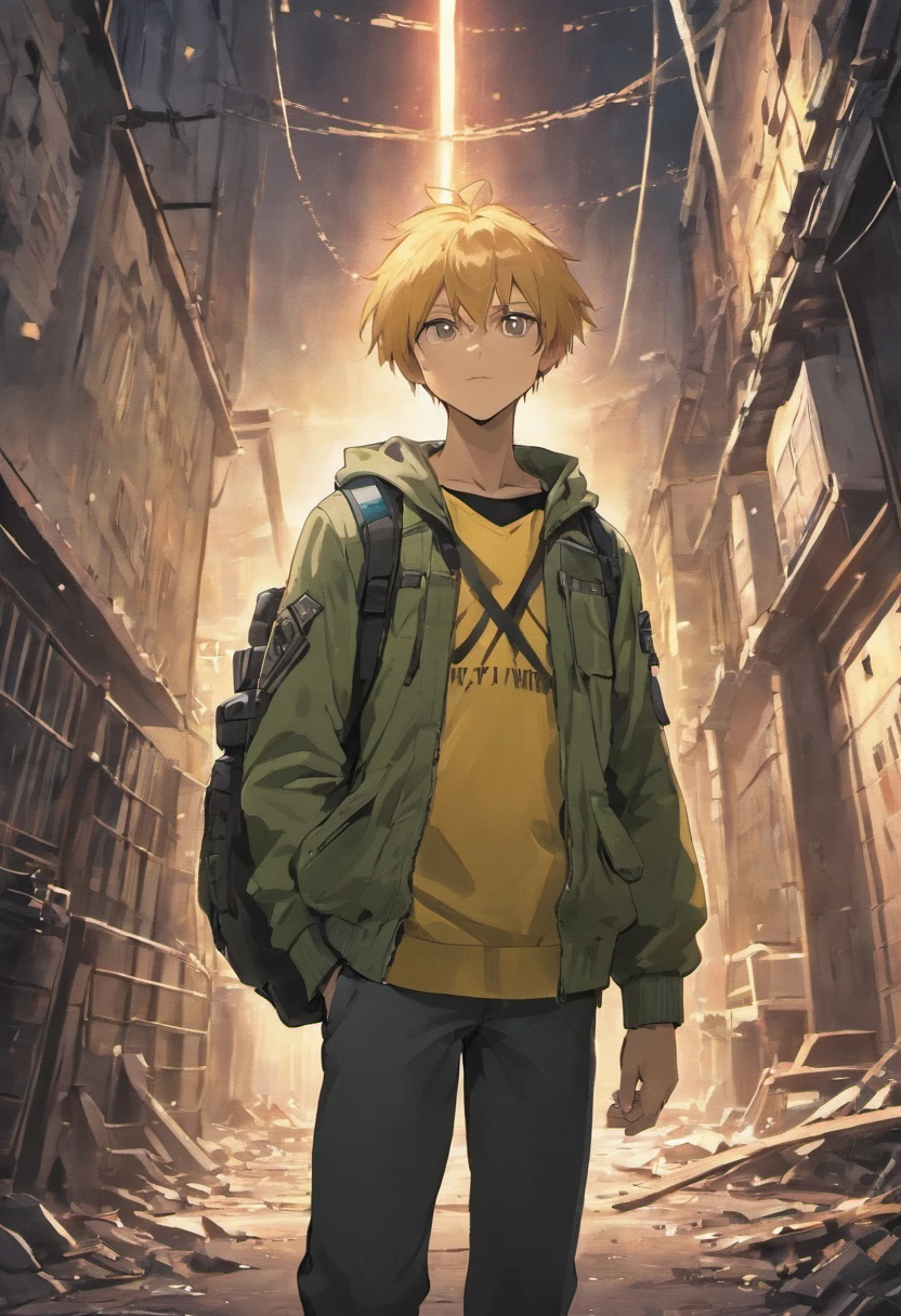 Generate an image of a resilient man looking directly at the camera. He's wearing a tactical long-sleeved military shirt, carrying a tactical military backpack. His clothing is slightly torn, and he stands in the midst of a city in ruins