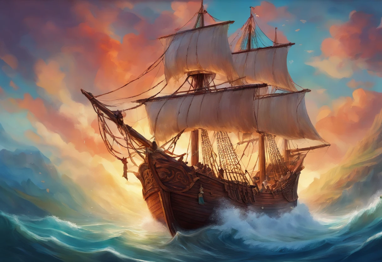 A painting of a wooden sailing ship, a schooner