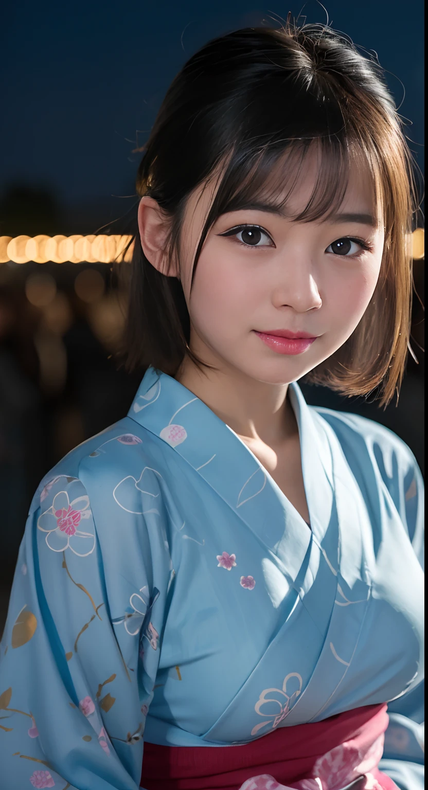 (top-quality、masterpiece:1.2)、Best Quality、realisitic、photoshot、hight resolution、1080p、8K、Textured skin、Physical Rendering、1 Japan Girls、a junior high school student、kawaii、Young Face、Rolled hair、(Yukata with colorful patterns:1.5)、Fireworks Festival、Night、up of face、full of shyness、smil、Colossal tits