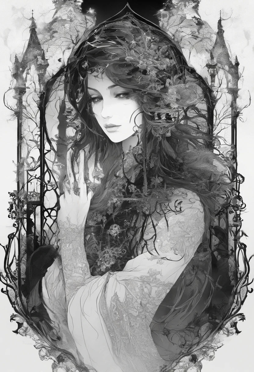 exteriors,Under a wide-angle lens, The horizon is endless, The haze is dark, The vast land is dark, There are some broken remains of Gothic houses in the night fog, The entire environment is reflected in the clear white moonlight, In the middle of the picture stands a simple black man, In front of the man, Simple woman with short hair, All around, Quiet, The whole picture is black and gray, There is light and shadow