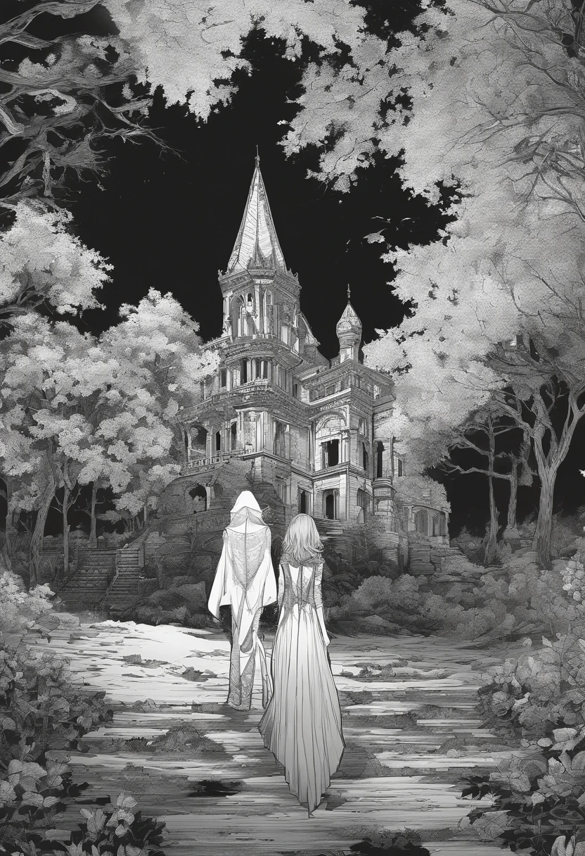 exteriors，Under a wide-angle lens, The horizon is endless, The haze is dark, The vast land is dark, There are some broken remains of Gothic houses in the night fog, The entire environment is reflected in the clear white moonlight, In the middle of the picture stands a simple black man, In front of the man, Simple woman with short hair, All around, Quiet, The whole picture is black and gray, There is light and shadow