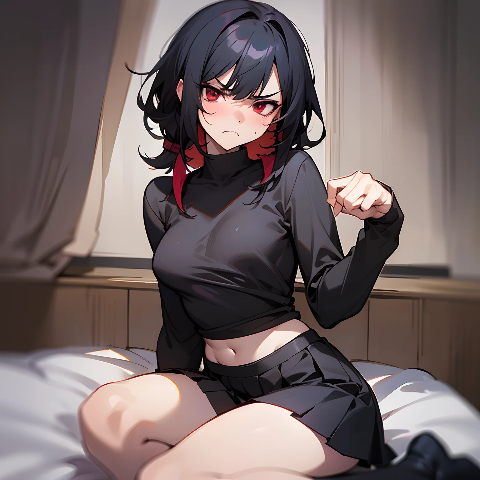 This is a picture of a girl that is mad at the viewer, masterpiece, 8k, black hair, dark red eyes,black shirt, black miniskirt, sharp eyes, sharp face, tsundere, annoyed,very highly detailed bedroom, anime style