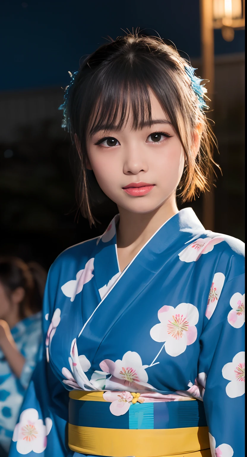 (top-quality、masterpiece:1.2)、Best Quality、realisitic、photoshot、hight resolution、1080p、8K、Textured skin、Physical Rendering、1 Japan Girls、a junior high school student、kawaii、Young Face、Rolled hair、(Yukata with colorful patterns:1.5)、Fireworks Festival、Night、up of face、full of shyness、smil、Colossal tits