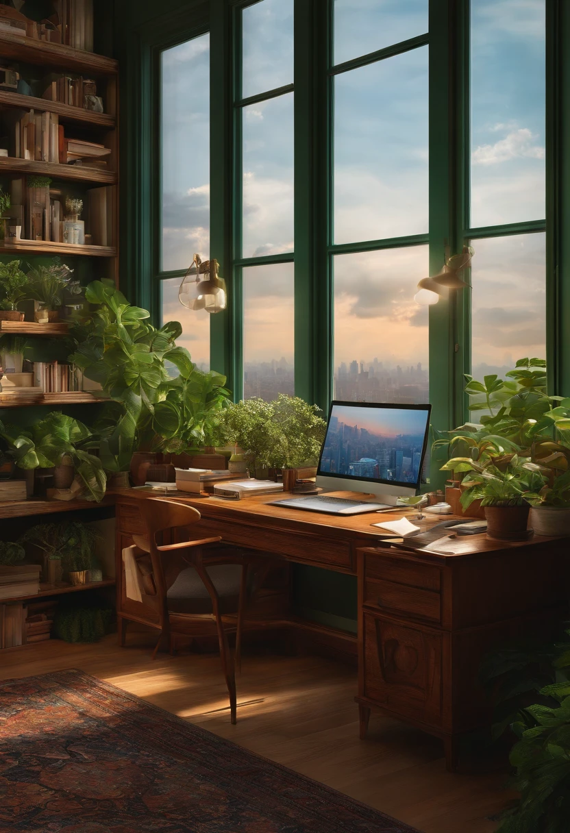 Artist's desk with plants, Books, Paper, laptop, shelf, drawer, Overlooking the green cityscape