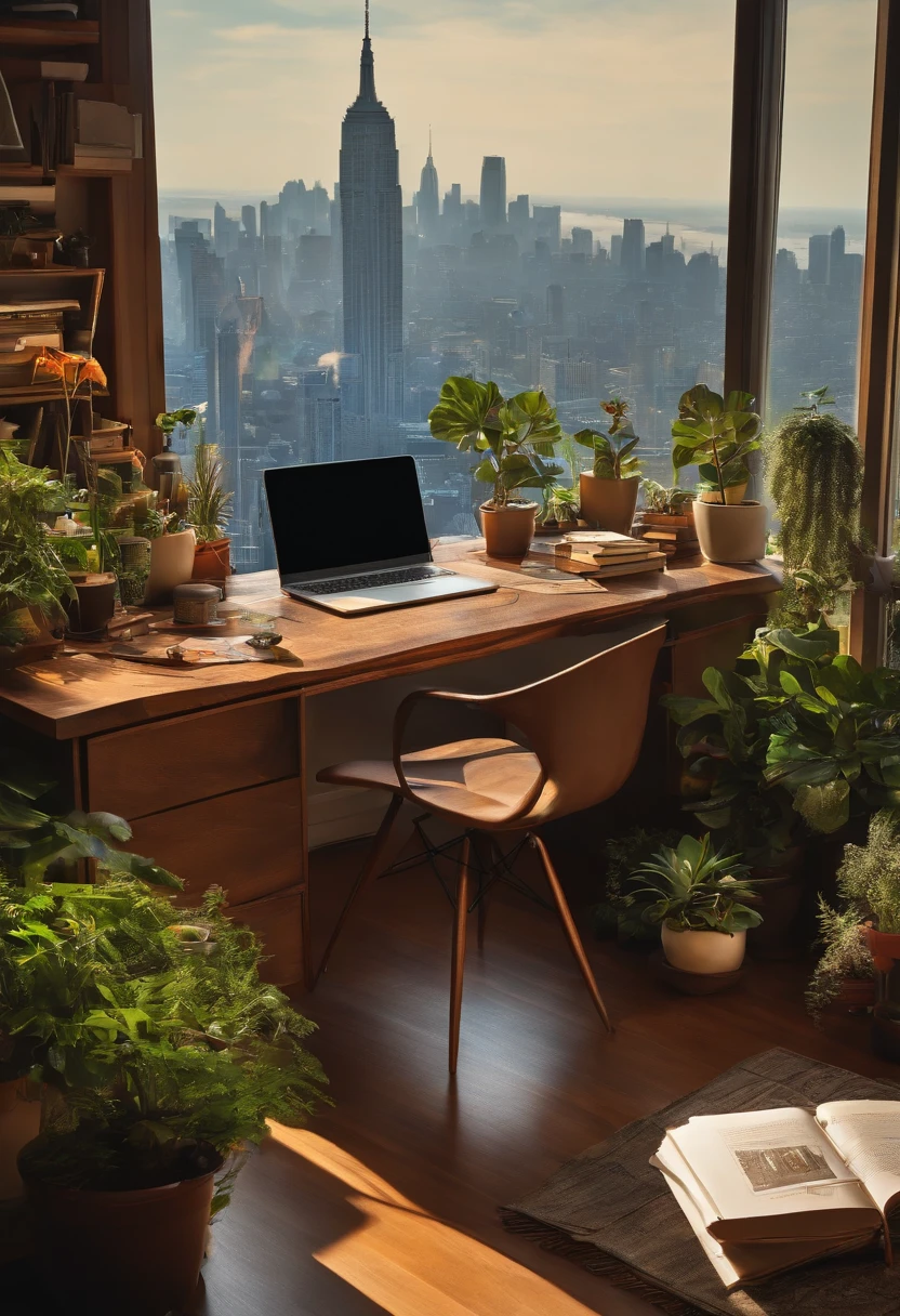 Artist's desk with plants, Books, Paper, laptop, shelf, drawer, Overlooking the green cityscape