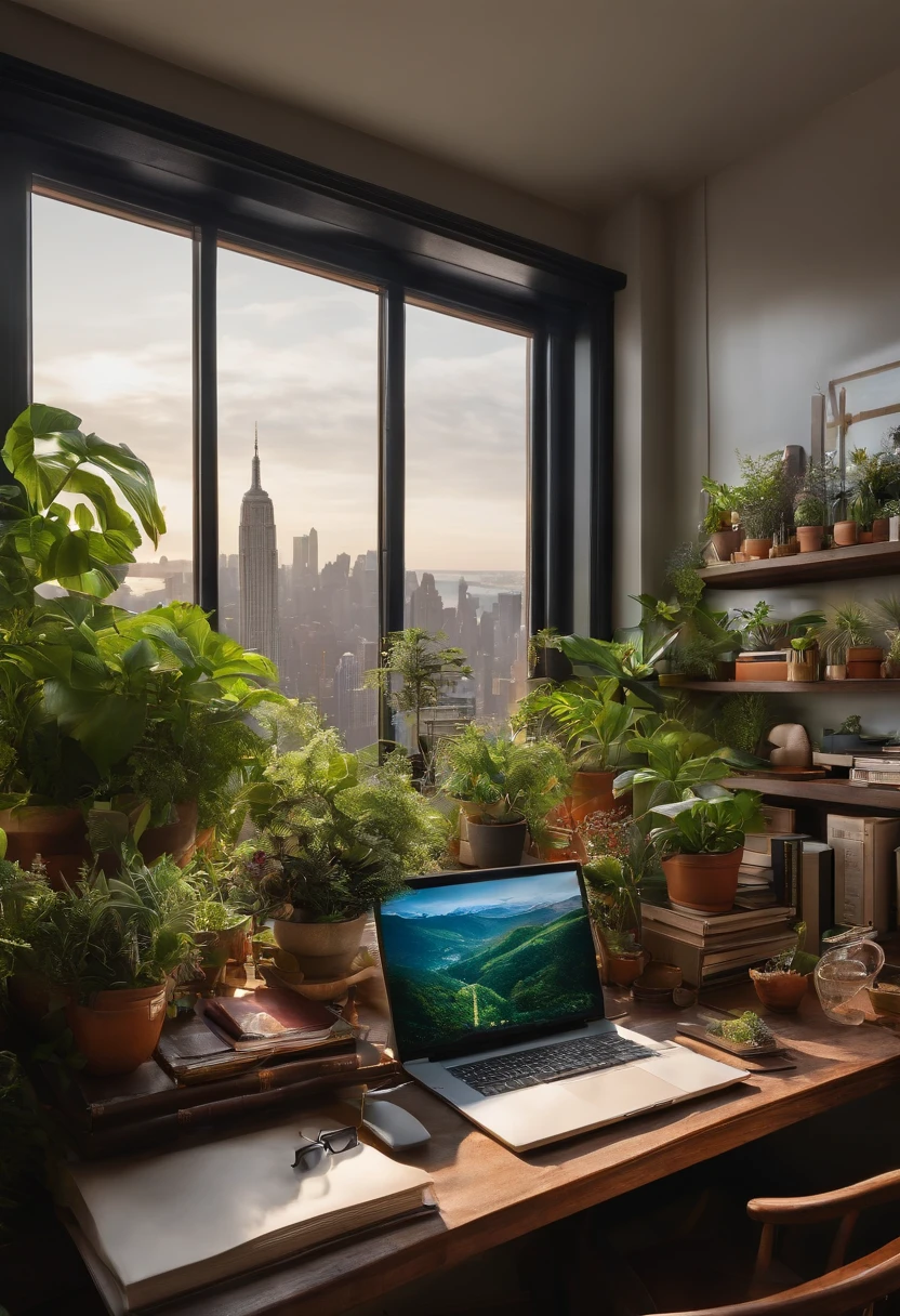 Artist's desk with plants, Books, Paper, laptop, shelf, drawer, Overlooking the green cityscape