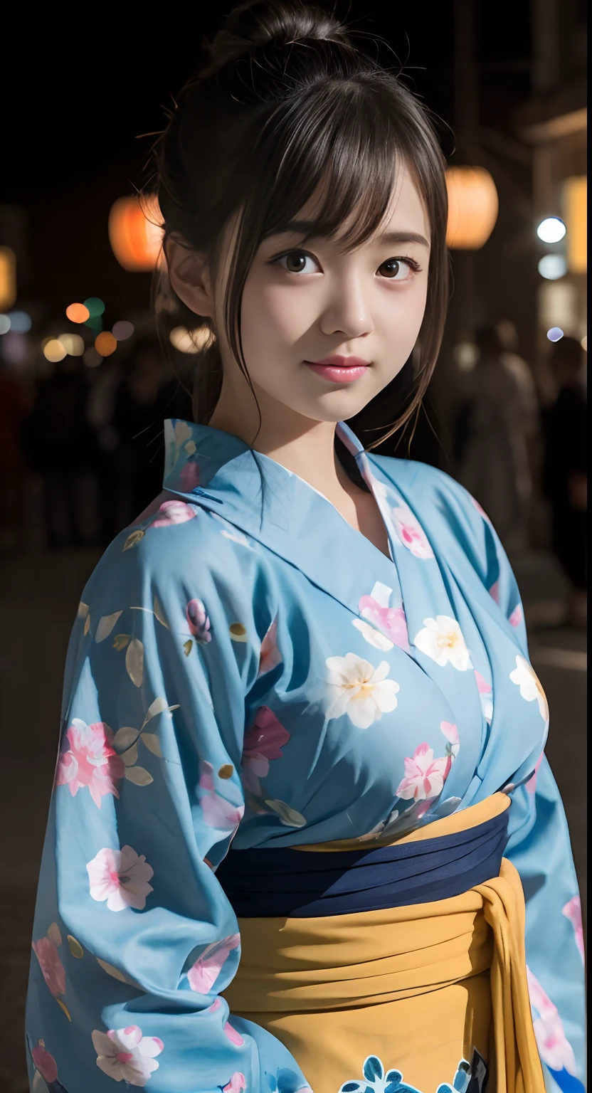 (top-quality、masterpiece:1.2)、Best Quality、realisitic、photoshot、hight resolution、1080p、8K、Textured skin、Physical Rendering、1 Japan Girls、a junior high school student、kawaii、Young Face、Rolled hair、(Yukata with colorful patterns:1.5)、Fireworks Festival、Night、up of face、full of shyness、smil、Colossal tits