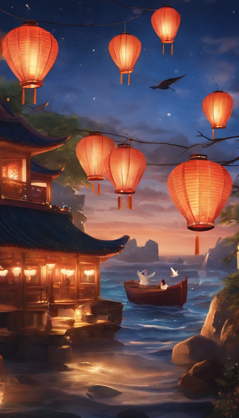 (best quality,4k,highres,masterpiece:1.2),ultra-detailed,realistic:1.37,paper lanterns,floating lanterns,breathtaking view,fish swimming,anime style,celebratory atmosphere,game promotional art,festive colors,vibrant illustration,dynamic waves,sparkling water,mesmerizing scene,ocean backdrop,cartoonish characters,joyous celebration,dazzling lights,festive decorations,playful animation,dreamlike ambiance,luminous lanterns,waves crashing,animated sea creatures,traditional lantern festival,captivating artwork,cheerful mood,anime-inspired,ethereal glow,colorful fish,variety of lantern designs,seaside setting,lively and joyful,anime-style characters,mesmerizing colors,whimsical decorations,animated movement,festivity in the air,seagulls flying,marvelous details,exquisite artistry,seawater reflection,carefully crafted scene,vivid and eye-catching,delightful ambiance.