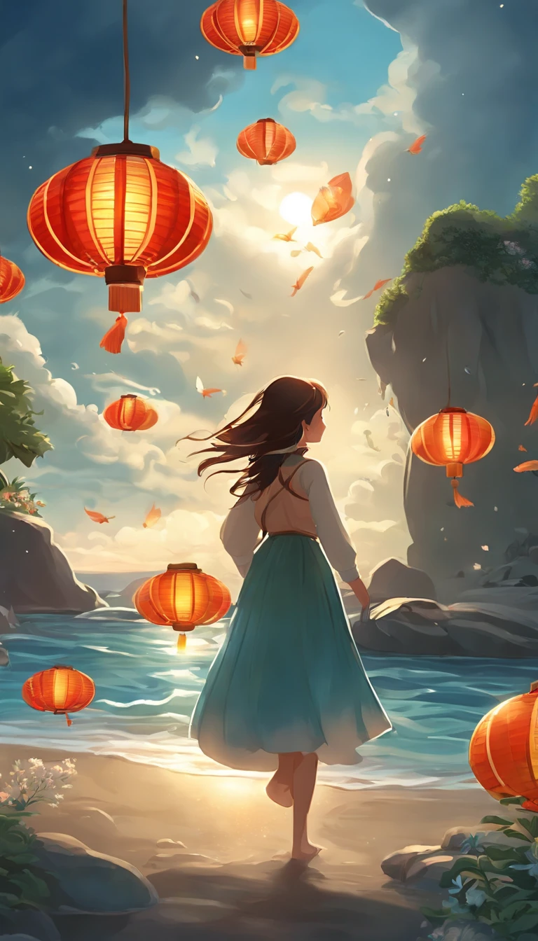 (best quality,4k,highres,masterpiece:1.2),ultra-detailed,realistic:1.37,paper lanterns,floating lanterns,breathtaking view,fish swimming,anime style,celebratory atmosphere,game promotional art,festive colors,vibrant illustration,dynamic waves,sparkling water,mesmerizing scene,ocean backdrop,cartoonish characters,joyous celebration,dazzling lights,festive decorations,playful animation,dreamlike ambiance,luminous lanterns,waves crashing,animated sea creatures,traditional lantern festival,captivating artwork,cheerful mood,anime-inspired,ethereal glow,colorful fish,variety of lantern designs,seaside setting,lively and joyful,anime-style characters,mesmerizing colors,whimsical decorations,animated movement,festivity in the air,seagulls flying,marvelous details,exquisite artistry,seawater reflection,carefully crafted scene,vivid and eye-catching,delightful ambiance.