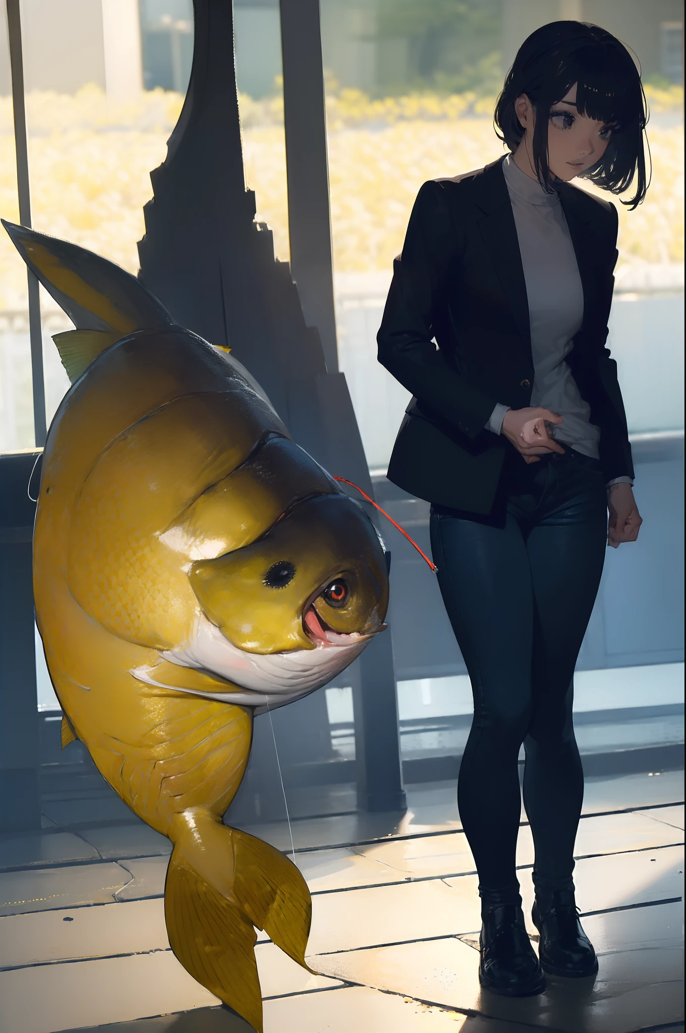 ((((catching a big fish by the lakeside:1.5)))),((Female 28 years old)),((Best Quality:1.5)),(((Hands with the correct number and structure of fingers:1.4))),((Big fish:1.37)),hight resolution,ultra-detailliert,masterpiece,best qualtiy,(Eight-headed body),Black hair, long eyes-lashes, Solid Circle Eyes, drop shadow, Atmospheric perspective,Super Detail, ccurate, small brest,(Black jacket and black jeans :1.1),top-quality, blurry backround, bokeh dof:1.2, (masterpiece:1.3), Atmospheric perspective,Super Detail,dynamic compositions,