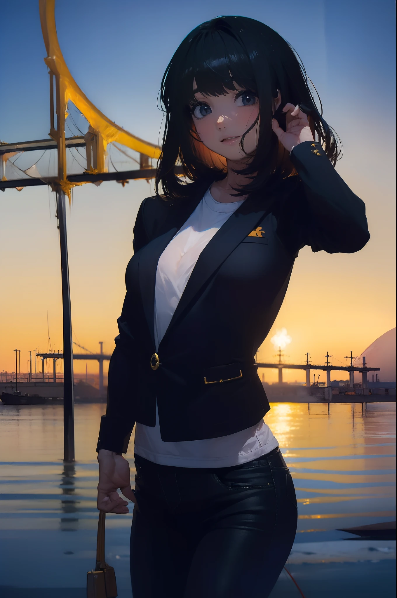 ((((catching a big fish by the lakeside:1.5)))),((Female 28 years old)),((Best Quality:1.5)),(((Hands with the correct number and structure of fingers:1.4))),((Big fish:1.37)),hight resolution,ultra-detailliert,​masterpiece,best qualtiy,(Eight-headed body),Black hair, long eyes-lashes, Solid Circle Eyes, drop shadow, Atmospheric perspective,Super Detail, ccurate, small brest,(Black jacket and black jeans :1.1),top-quality, blurry backround, bokeh dof:1.2, (​masterpiece:1.3),  Atmospheric perspective,Super Detail,dynamic compositions,