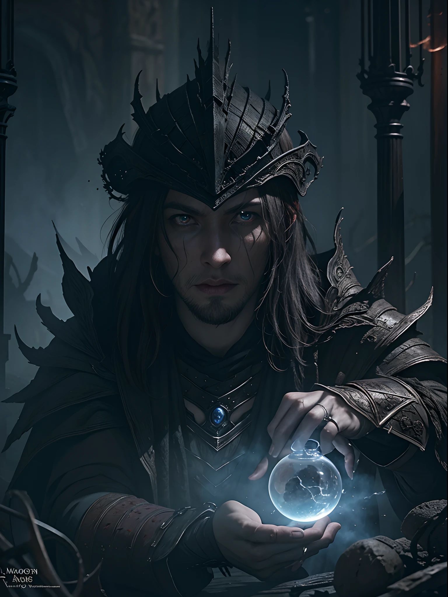 magic warrior ,elden ring, dark arts, bloodborne, the elon musk, mini frosh perspective, sharp lense, professional photographie, 70mm lense, detail love, good quality, unreal engine 5, wallpaper, colerful, highly detailed, 8k, soft light, fantasy, photo realistic