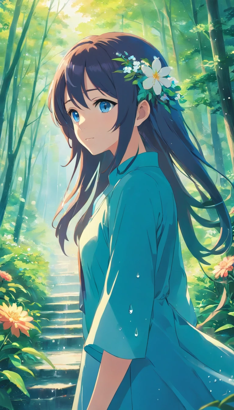 anime girl with long hair and flower in her hair, Beautiful anime artwork, style of anime4 K, Anime art wallpaper 4k,Rainy days,janelas,the woods,Rain drops,Clear blue eyes,blue hairs,Dress in blue,Delicate eyes bright eyes