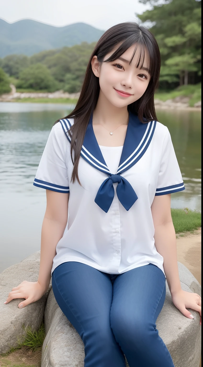 A smiling girl,In sailor suit,Blue skinny jeans,Sitting on a large rock by the pond,com rosto detalhado,The eyes are delicate,The photo quality is the best,Realistic image quality,Background diffuse lighting,Depth of field display。