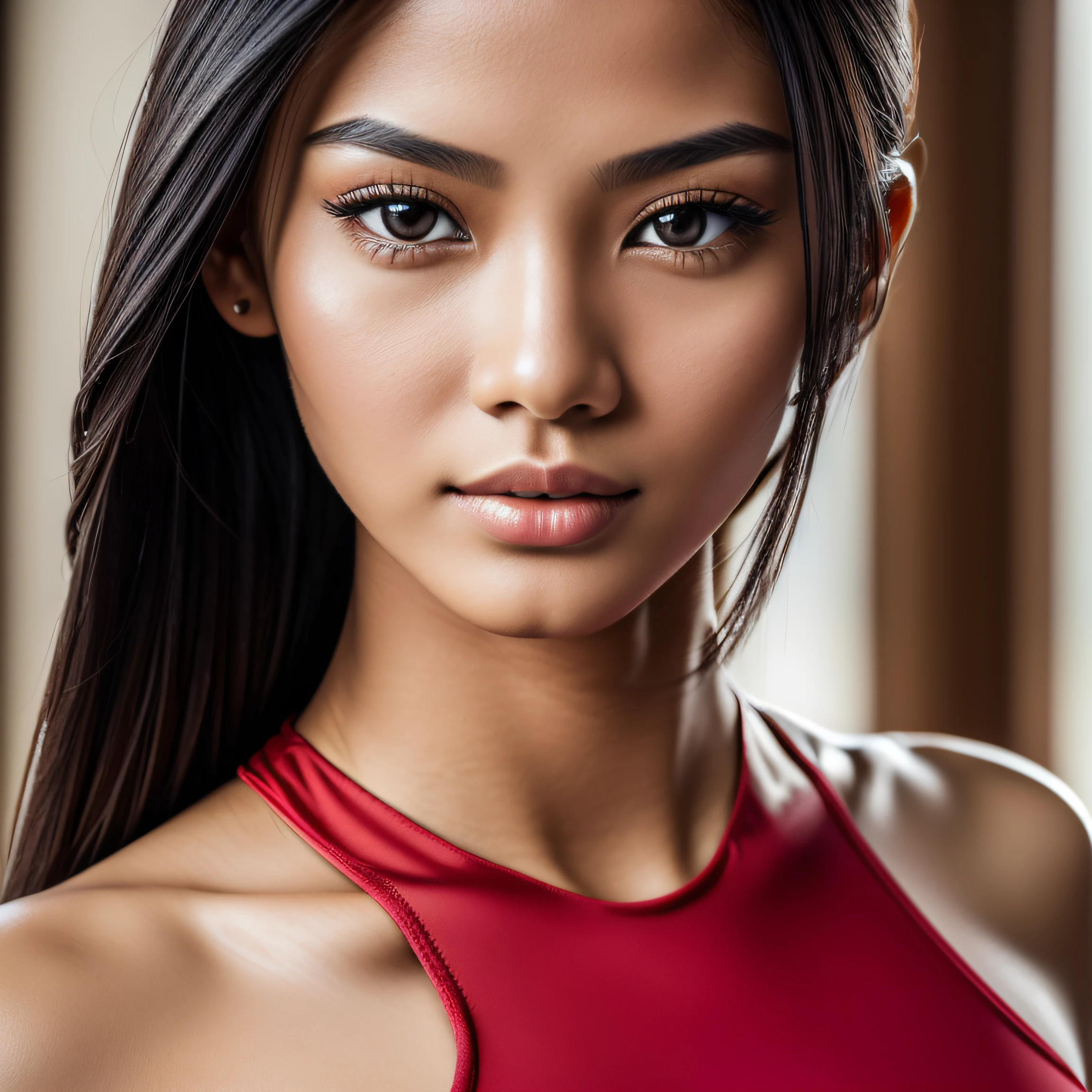 Masterpiece, (((close-up to upper-body))), ((1 girl solo)), (one beautiful (Indonesian: 0.8)-(Spanish: 0.2) girl (looking at camera)), [Risyana Devita], 20 years old, breathtaking beauty, natural beauty, perfect and delicate face, beautiful brown eyes, detailed eyes, soft lips, (long raven-black hair: 1.5), (tall figure:1.5), (athletic body), wearing a sexy (red short sports wear), ((small breasts: 0.5)), cleavage, ((small and beautiful hard nipple)), pearl skin, (skin pores:0.7), extremely detailed face and skin texture, (skin texture:1.1), beautiful long legs, standing pose, in sport hall, extremely detailed and realistic red clothes, sharp focus, cinematic lighting, 8k uhd, best quality, ultra high res, Prefessional Photography, RAW photo, (depth of field), dynamic composition, rich colors, lifelike texture,