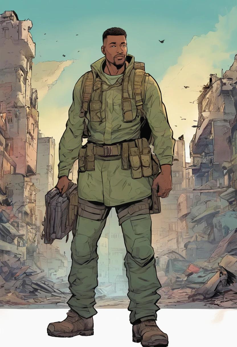Generate an image of a resilient man looking directly at the camera. He's wearing a tactical long-sleeved military shirt, carrying a tactical military backpack. His clothing is slightly torn, and he stands in the midst of a city in ruins