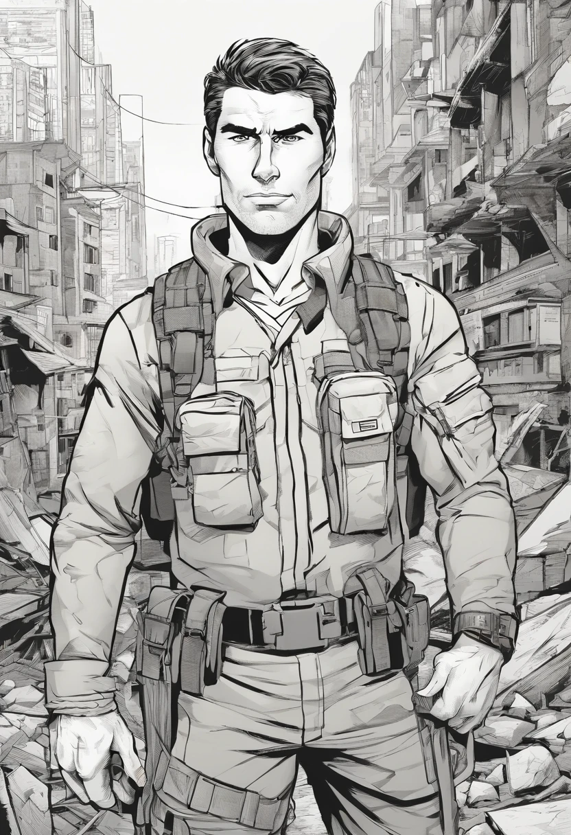 Generate an image of a resilient man looking directly at the camera. He's wearing a tactical long-sleeved military shirt, carrying a tactical military backpack. His clothing is slightly torn, and he stands in the midst of a city in ruins