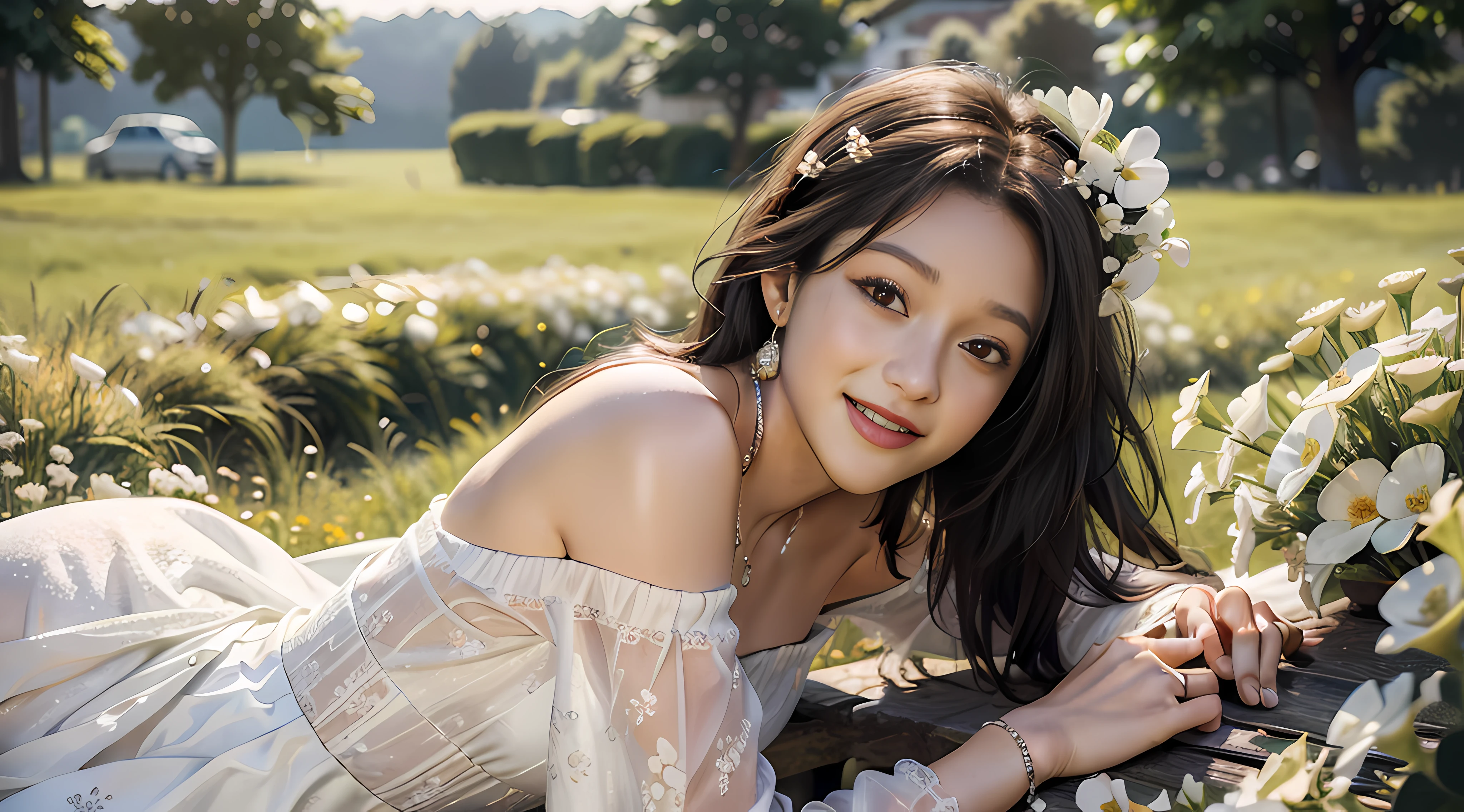 Best quality, masterpiece, ultra high res, (photorealistic:1.4), raw photo, 1girl, white dress, off shoulder, blossom flower field, glowing skin, light smile