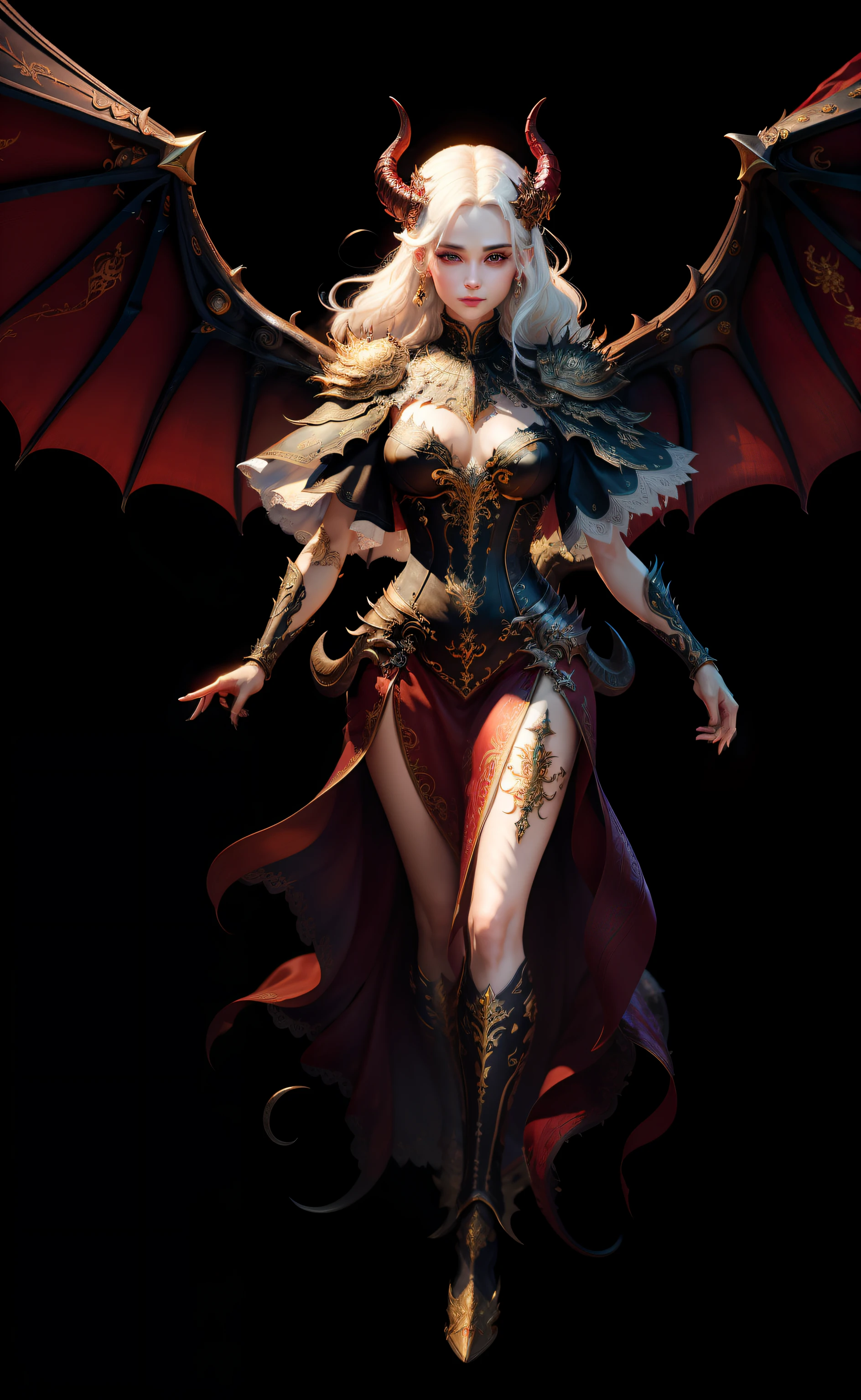 ((best quality)), ((masterpiece)), ((realistic)),full body, the hair is white,red eyes, female face, metal carved top, royal aura, trend on artstation , sharp focus, studio photo, intricate detail, very detailed, detailed eye, illustration, very detailed, sharp focus, digital render, professional, 4k, horns, devil wings, crouching down, smiling, hands together