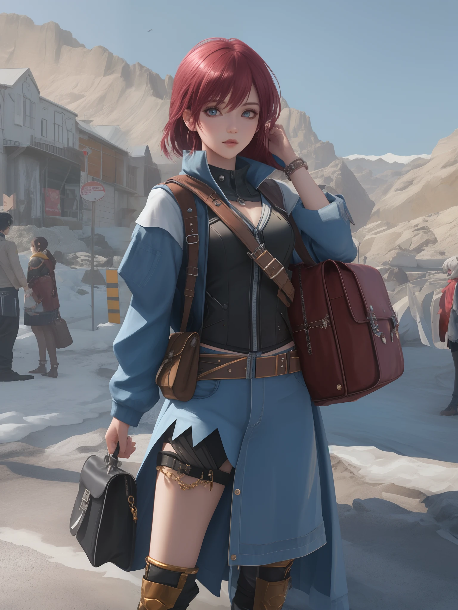 imagem arafed de uma mulher em uma roupa aventureira e uma mochila nas costas, Personagem pequeno. Motor Unreal 5, anime estilizado, Personagem altamente detalhado, anime estilo 3d, Estilo anime 3D realista, Personagem de close up, 3D estilizado, motor unreal face azul, 3 d render stylized, Personagem 3d realista, Caractere estilizado, renderizado em unrealengine