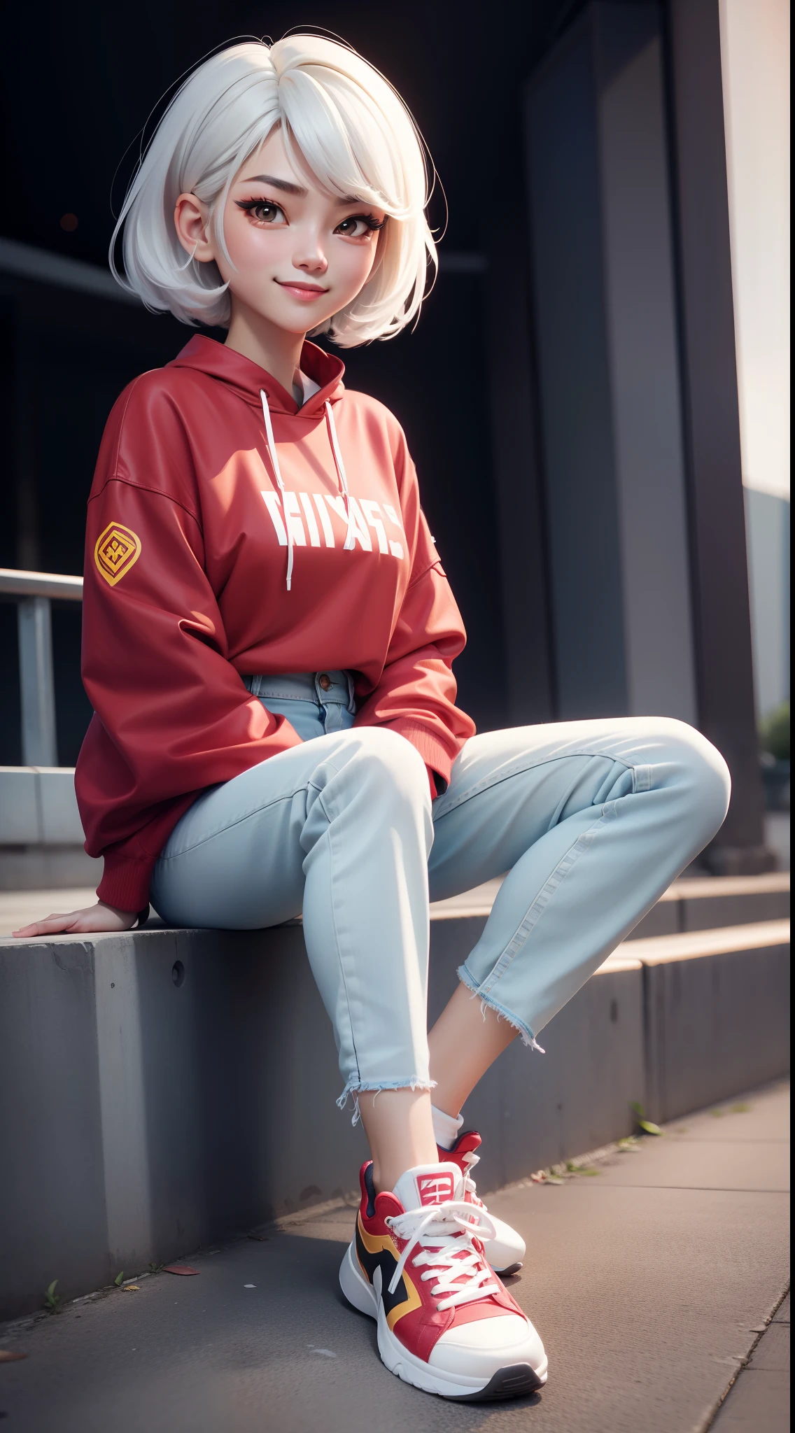 hoang lap，A high resolution，ultra - detailed，offcial art，Unity8k wallpapers，ultra - detailed，Beauty and aesthetics，tmasterpiece，best qualtiy，with short white hair，Cute handsome smiling girl，wearing a denim pants，sports arena，sat on the ground（（Huge sneakers close to the camera）），（The sneakers are decorated in white、Intricate design in red and yellow）