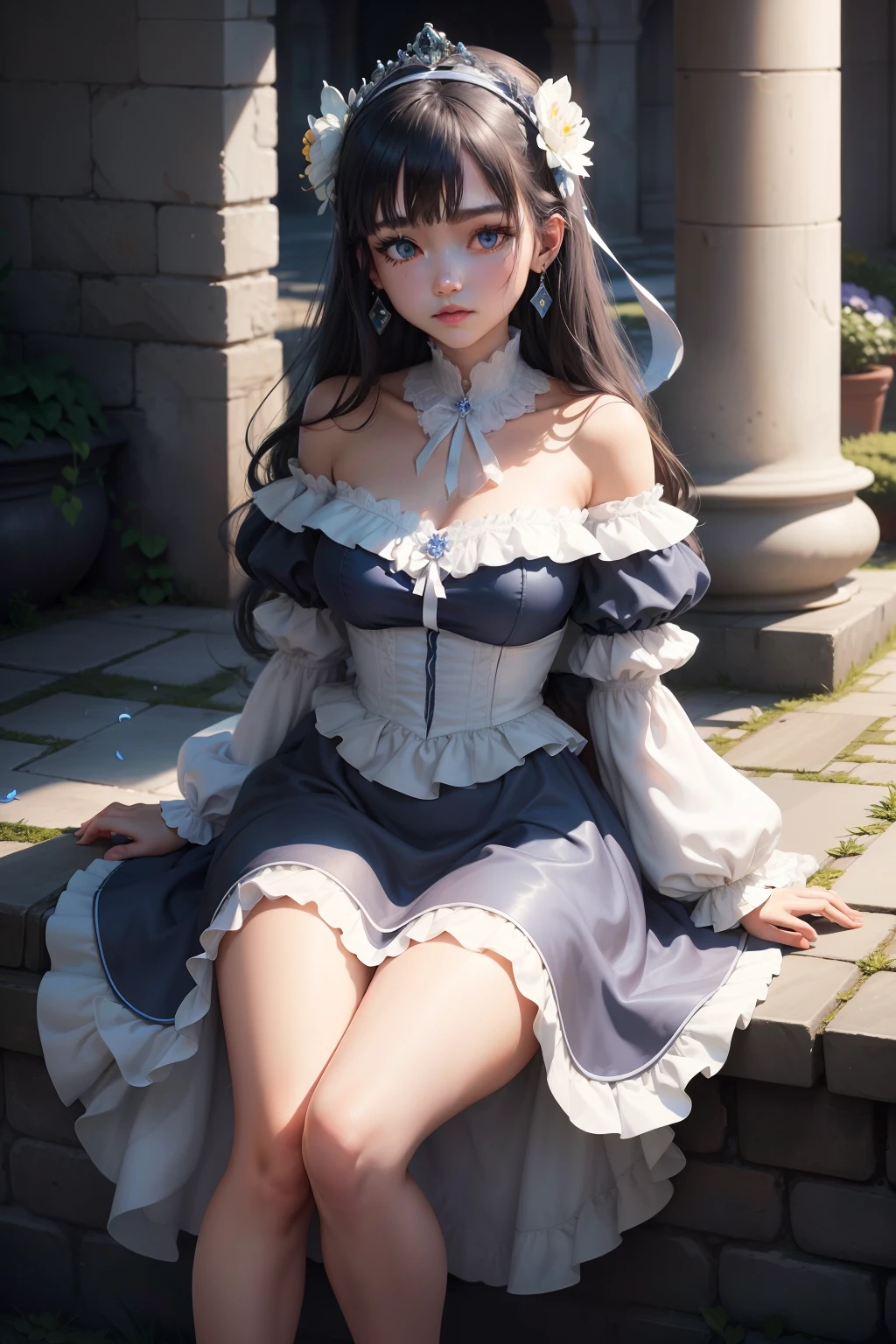 Extremely detailed Cg Unity 8K wallpaper,illustration,A high resolution,absurderes,(Best quality),Ultra detailed,illustration,Ray tracing,Best quality,(very close to viewers: 1.3),(very close to viewers: 1.3),(Solo: 1.2),solofocus,Medium shot,Intense angle,facingviewer,solofocus,solofocus,solofocus,solofocus,solofocus,1 Princess,assertive female,view the viewer,An extremely delicate and beautiful girl,extremely detailed character,Cinematic lighting,full bodyesbian,Crossed thighs,bow,bow,flower pattern,[(Floating:1.3) Blue princess dress,::0.5] solofocus,Cute face,detail (Blue:0.8) Eyes,rough breath,Messy (black:1.05) Hair,bangs,head gear,Earrings,Place your hands on your waist,[: (Detailed hands: 1.8): 0.7],Bare shoulders,Floating blue princess dress,Black pantyhose,White leather shoes,Crossed thighs,Feet up,Keep walking (Cobbled roads: 1.05),(En plein air,Clear sky,(Palace: 0.7),(Roman aqueduct:0.6),minaret :0.9),Moonlight,sonoko,(flowerbed:0.9),(flower: 1.1),(branches: 1.075),Falling white petals,Breeze moonlight,graden,(flowerbed: 0.9),(flower: 1.1),(branches: 1.075),[: (Floating:1.3) Blue princess dress:0.5] [: (Floating:1.3) Blue princess dress:0.5]