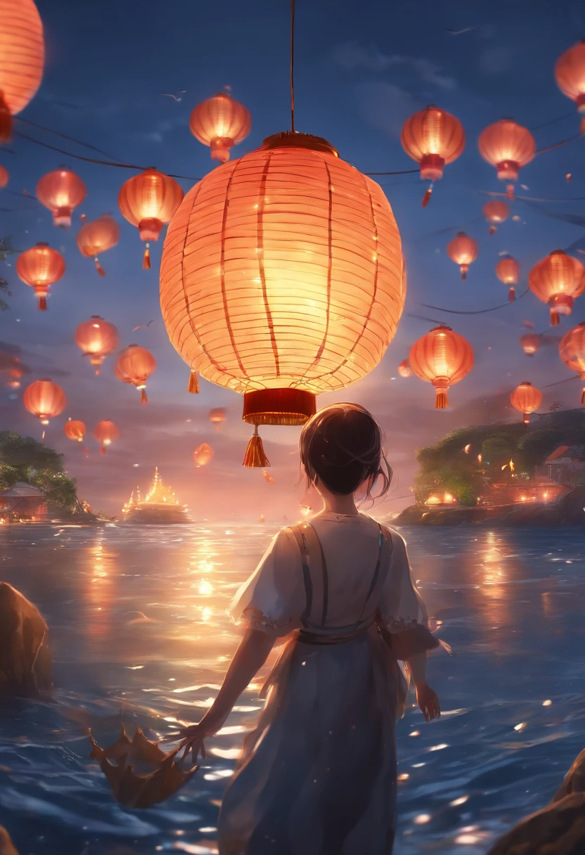 (best quality,4k,highres,masterpiece:1.2),ultra-detailed,realistic:1.37,paper lanterns,floating lanterns,breathtaking view,fish swimming,anime style,celebratory atmosphere,game promotional art,festive colors,vibrant illustration,dynamic waves,sparkling water,mesmerizing scene,ocean backdrop,cartoonish characters,joyous celebration,dazzling lights,festive decorations,playful animation,dreamlike ambiance,luminous lanterns,waves crashing,animated sea creatures,traditional lantern festival,captivating artwork,cheerful mood,anime-inspired,ethereal glow,colorful fish,variety of lantern designs,seaside setting,lively and joyful,anime-style characters,mesmerizing colors,whimsical decorations,animated movement,festivity in the air,seagulls flying,marvelous details,exquisite artistry,seawater reflection,carefully crafted scene,vivid and eye-catching,delightful ambiance.