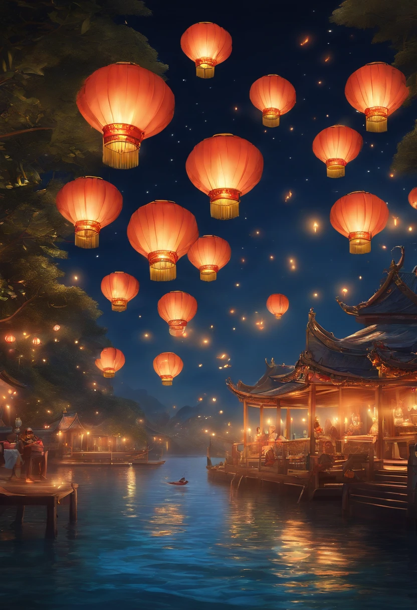 (best quality,4k,highres,masterpiece:1.2),ultra-detailed,realistic:1.37,paper lanterns,floating lanterns,breathtaking view,fish swimming,anime style,celebratory atmosphere,game promotional art,festive colors,vibrant illustration,dynamic waves,sparkling water,mesmerizing scene,ocean backdrop,cartoonish characters,joyous celebration,dazzling lights,festive decorations,playful animation,dreamlike ambiance,luminous lanterns,waves crashing,animated sea creatures,traditional lantern festival,captivating artwork,cheerful mood,anime-inspired,ethereal glow,colorful fish,variety of lantern designs,seaside setting,lively and joyful,anime-style characters,mesmerizing colors,whimsical decorations,animated movement,festivity in the air,seagulls flying,marvelous details,exquisite artistry,seawater reflection,carefully crafted scene,vivid and eye-catching,delightful ambiance.