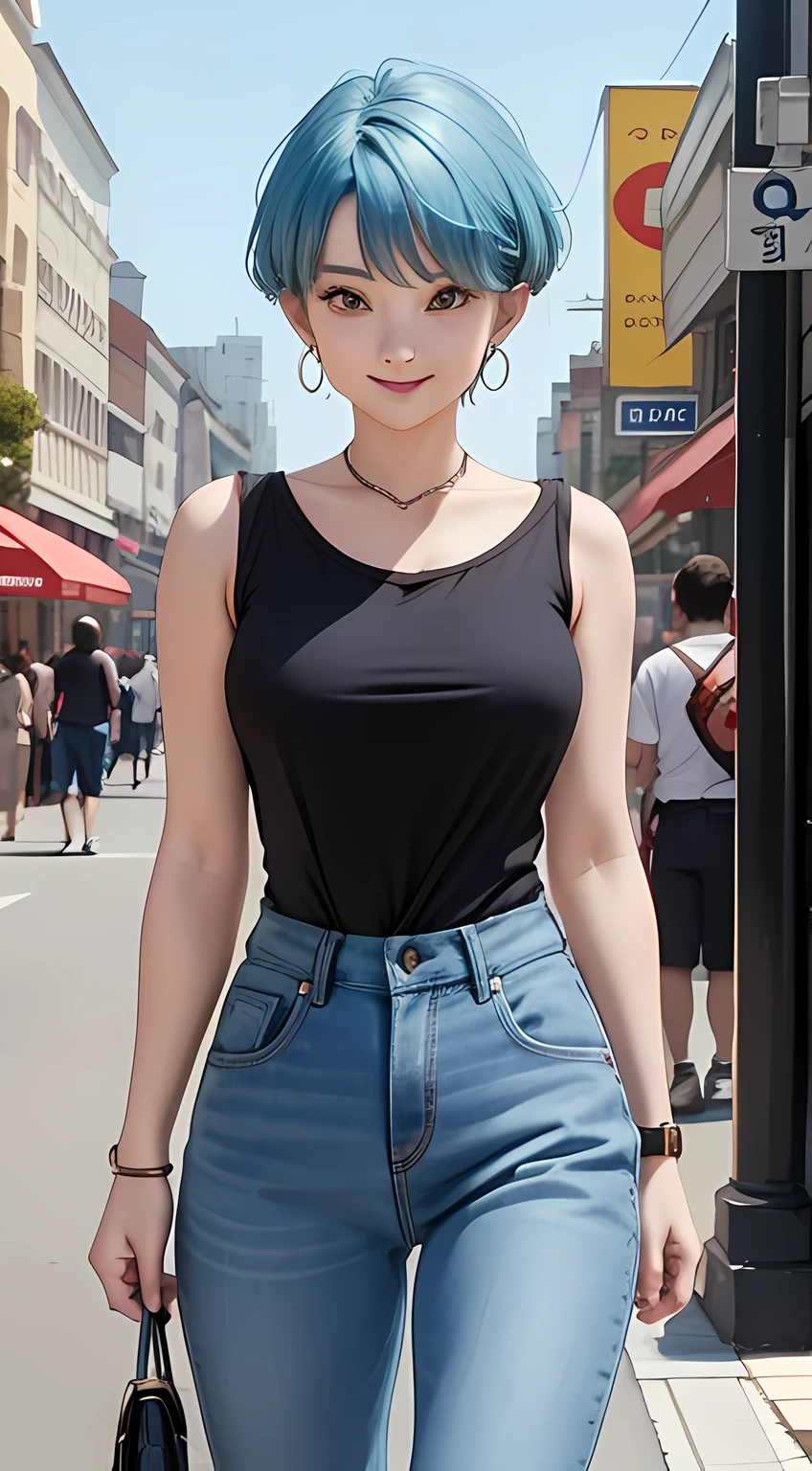 Bulma from dragon ball anime, short hair, light blue hair, beautiful, beautiful woman, perfect body, perfect breasts, wearing oversized white t-shirt, short jeans, wearing handbag, watch, wearing earrings, convenient store there, department store, ponytail, looking at the viewer, a slight smile, realism, masterpiece, textured leather, super detailed, high detail, high quality, best quality, 1080p, 16k