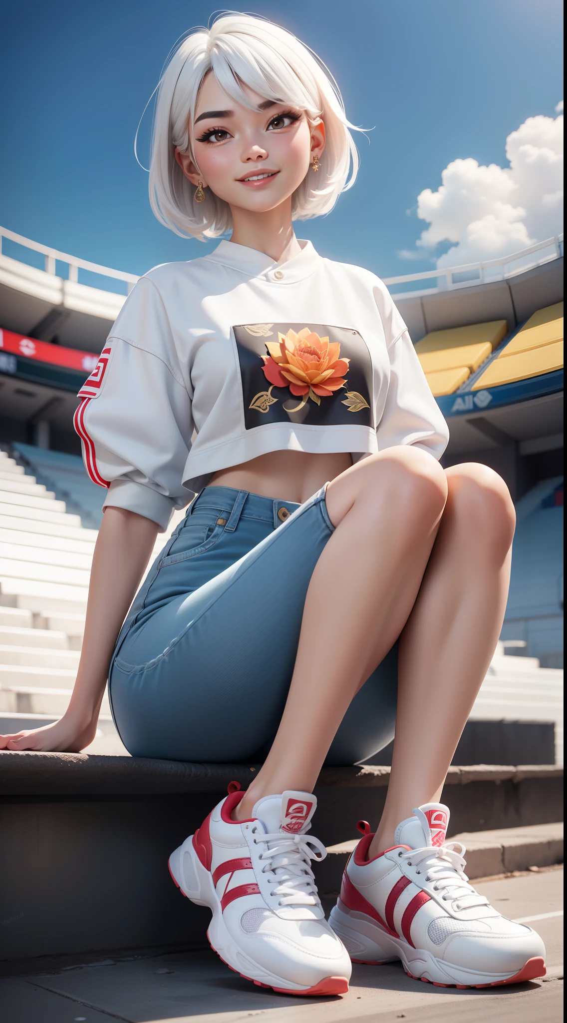 hoang lap,A high resolution,ultra - detailed,offcial art,Unity8k wallpapers,ultra - detailed,Beauty and aesthetics,tmasterpiece,best qualtiy,with short white hair,Cute handsome smiling girl,wearing a denim pants,sports arena,sat on the ground((Huge sneakers close to the camera)),(The sneakers are decorated in white、Intricate design in red and yellow)