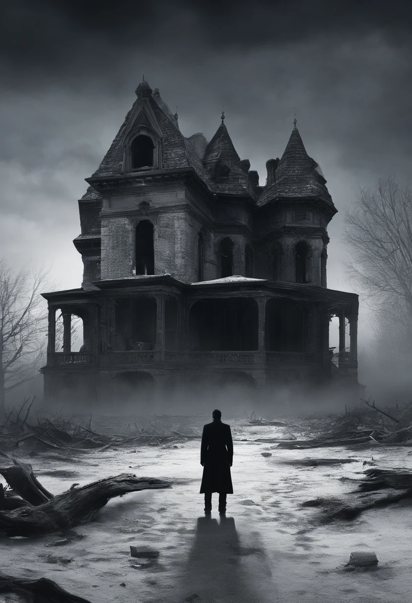 exteriors，Under a wide-angle lens, The horizon is endless, The haze is dark, The vast land is dark, There are some broken remains of Gothic houses in the night fog, The entire environment is reflected in the clear white moonlight, In the middle of the picture stands a male figure, In front of the man, Simple woman with short hair, All around, Quiet, The whole picture is black and gray, There is light and shadow