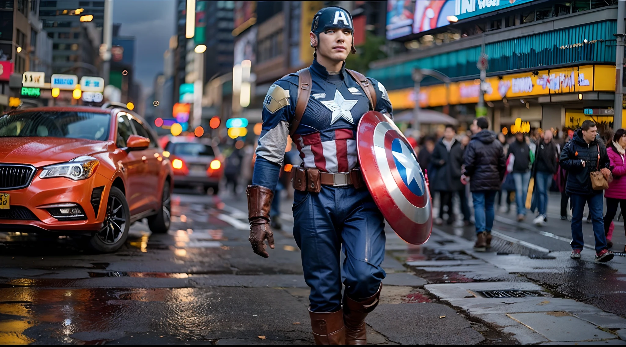 Marvel Cinematic Universe, Captain America Steve Rogers, in Times Square, New York City. Confidently striding through the bustling square, holding his iconic shield, gleaming in the intense futuristic light. Full body shot, facing the camera with determination. Remarkable attention to detail in costume and expression, vividly portrayed in glorious 8K resolution. Shot with a state-of-the-art camera setup and extensive post-processing for a jaw-dropping visual experience. A true masterpiece showcasing Captain America's essence in the heart of the city that never sleeps. Full-body, reflection, many details, a lot of detail.