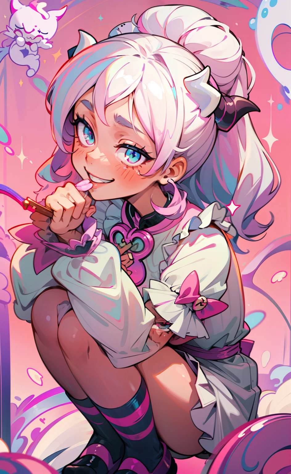 Girl in black and white dress, Pink tail, anime cat girl in a maid costume, style of magical girl, Small two-tone curls, fleshy feeling, sparkling magical girl, portrait of magical girl, anime girl in a maid costume, nyaruko-san, Splash art, Openwork maid costume, lollipop, Detailed key anime art, white hair, long hair,{{{demon horns}}}, {{{demon wings}}} , huge boobs, full body, sexy, lip bite, ahegao, {{{crouched down}}}, smiling