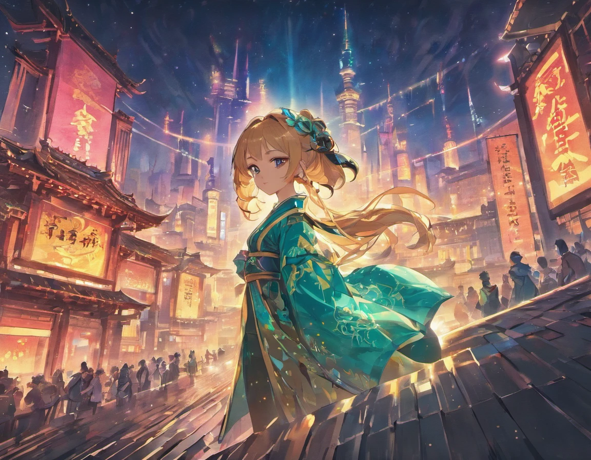 Massive cyberpunk cityscape, Soaring spires and holographic billboards illuminating the night sky.Hanfu girl