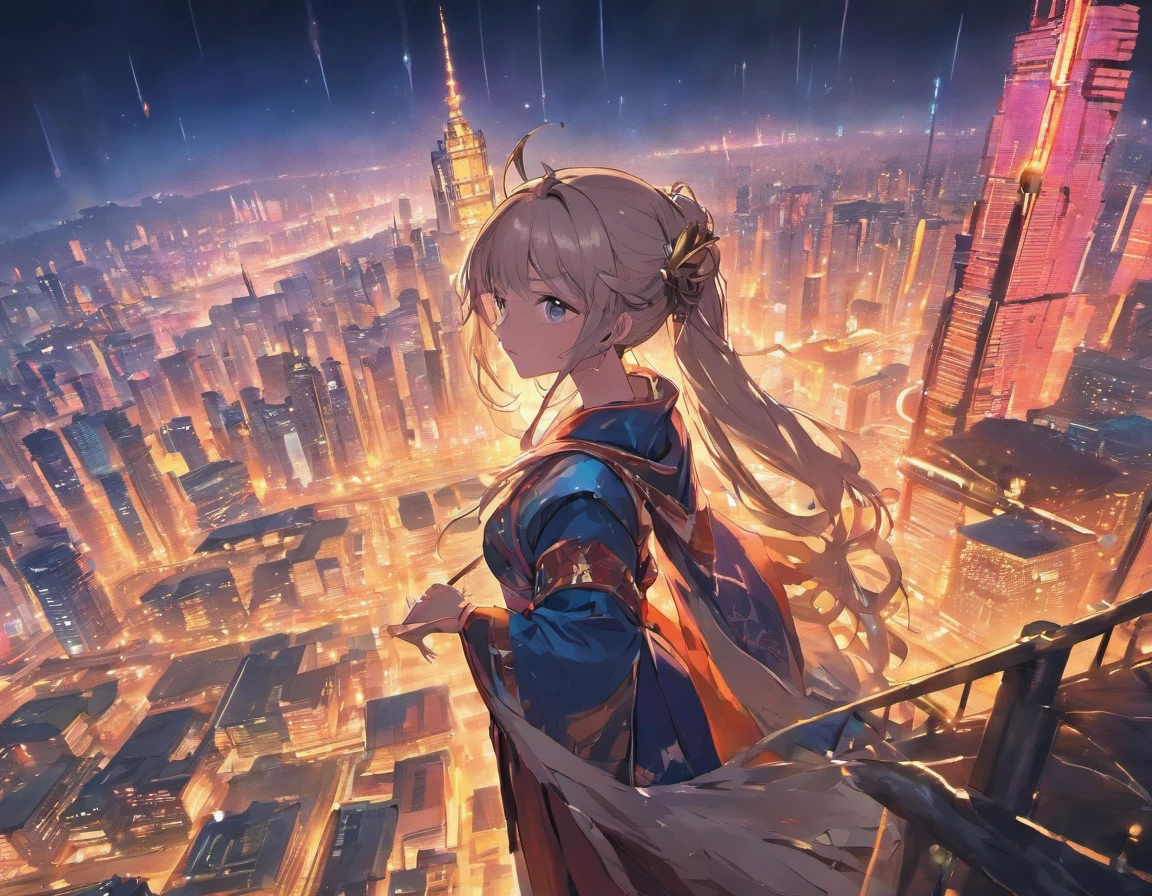 Massive cyberpunk cityscape, Soaring spires and holographic billboards illuminating the night sky.Hanfu girl