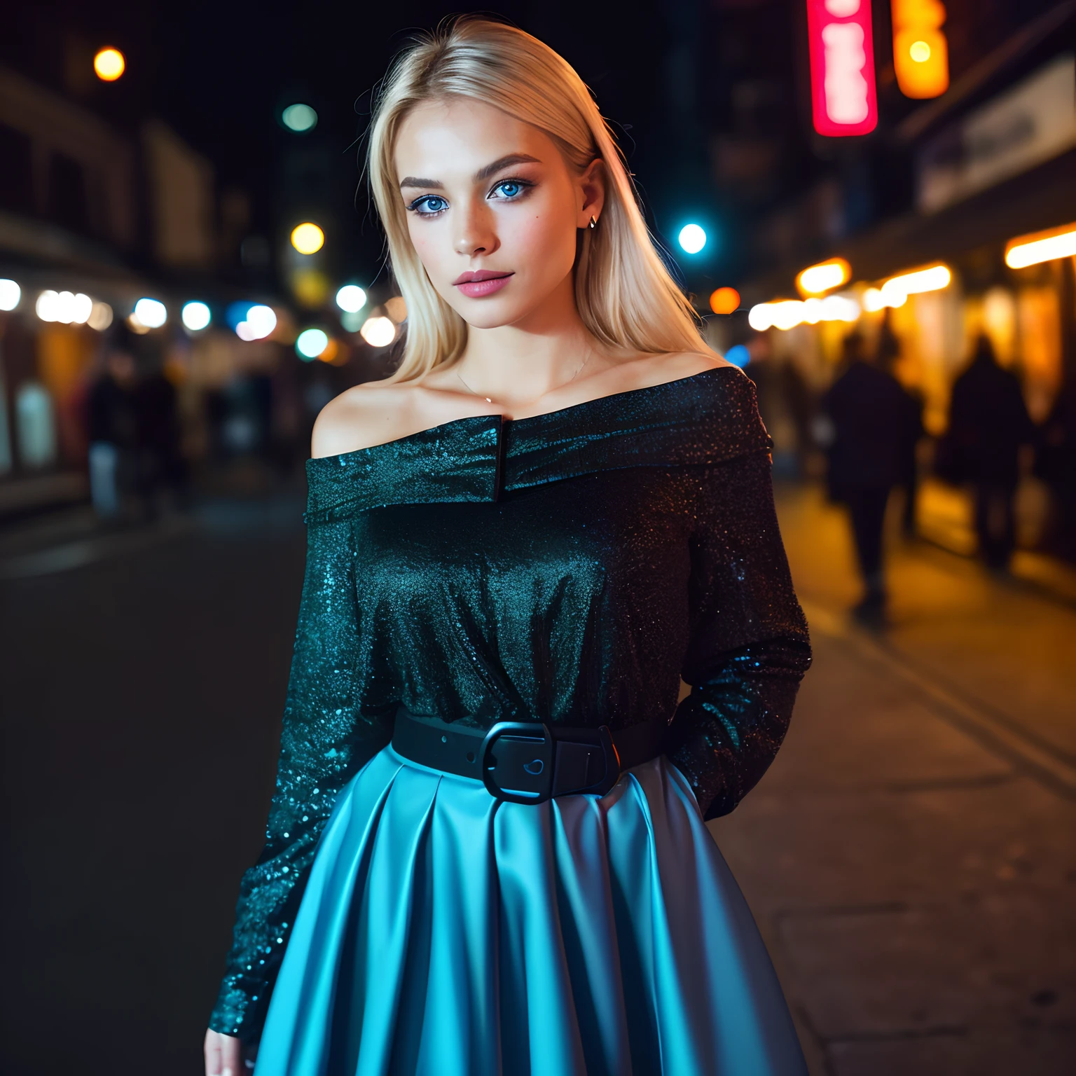(selfie, top view: 1.4), (straight half of the body: 1.4), RAW UHD portrait photo of a 24-year-old blonde (blue-eyed woman) walking down a dark alley, large breasts,, city at night, (skirt), (neckline), details (textures! , hair! , glitter, color!! , disadvantages: 1.1), glossy eyes with high detail (looking at the camera), SLR lighting, SLR camera, ultra-quality, sharpness, depth of field, film grain (center), Fujifilm XT3, crystal clear, frame center, beautiful face, sharp focus, street lamp, neon lighting, bokeh (dimly lit), night, (night sky), detailed skin pores, oily skin, sunburn, complex eye details, full body, large breasts