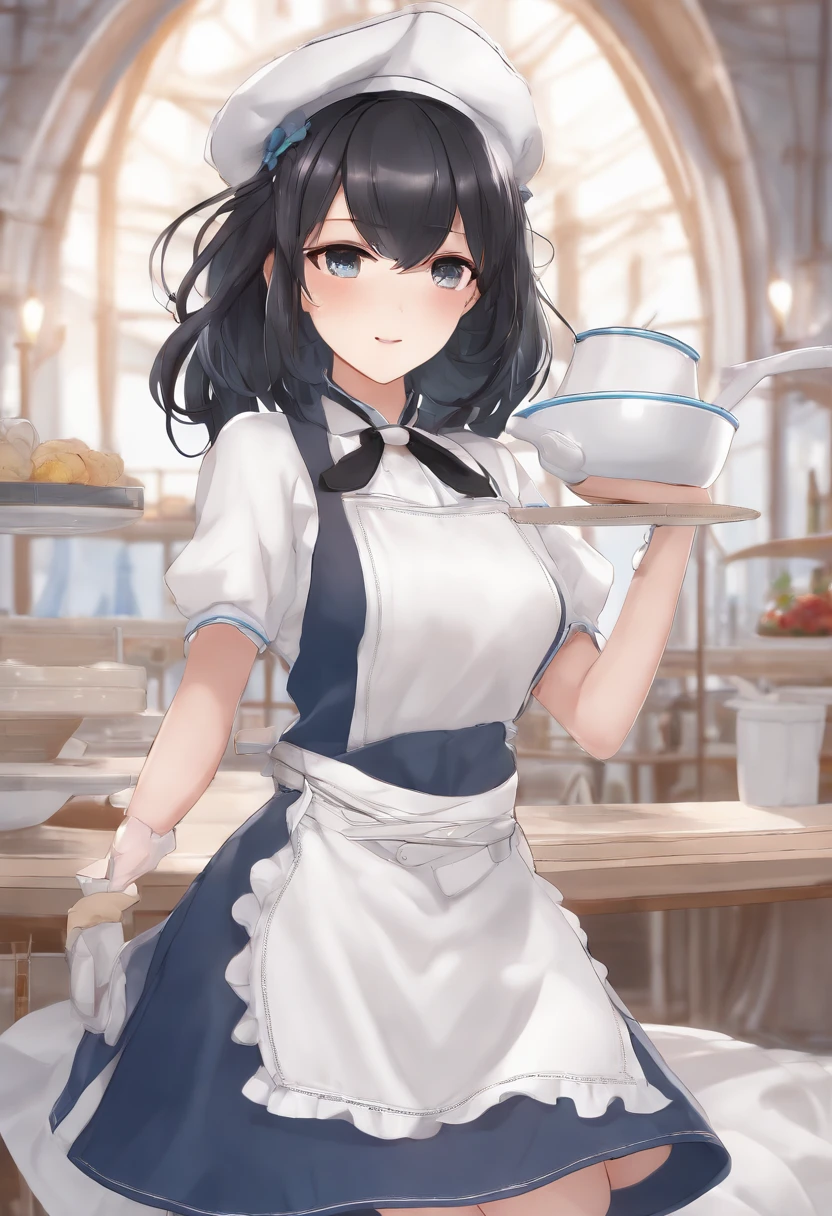 anime figure () Wearing a white apron and black hair, Azure line style, Fleet series style, pixiv 3dcg, ahegao, cushart krentz, Anime moe art style, From the Azure Route video game, Biomechanics Oppai, Highest ranking on Pixiv, Best quality, 8K HD, thigh gap, seminude