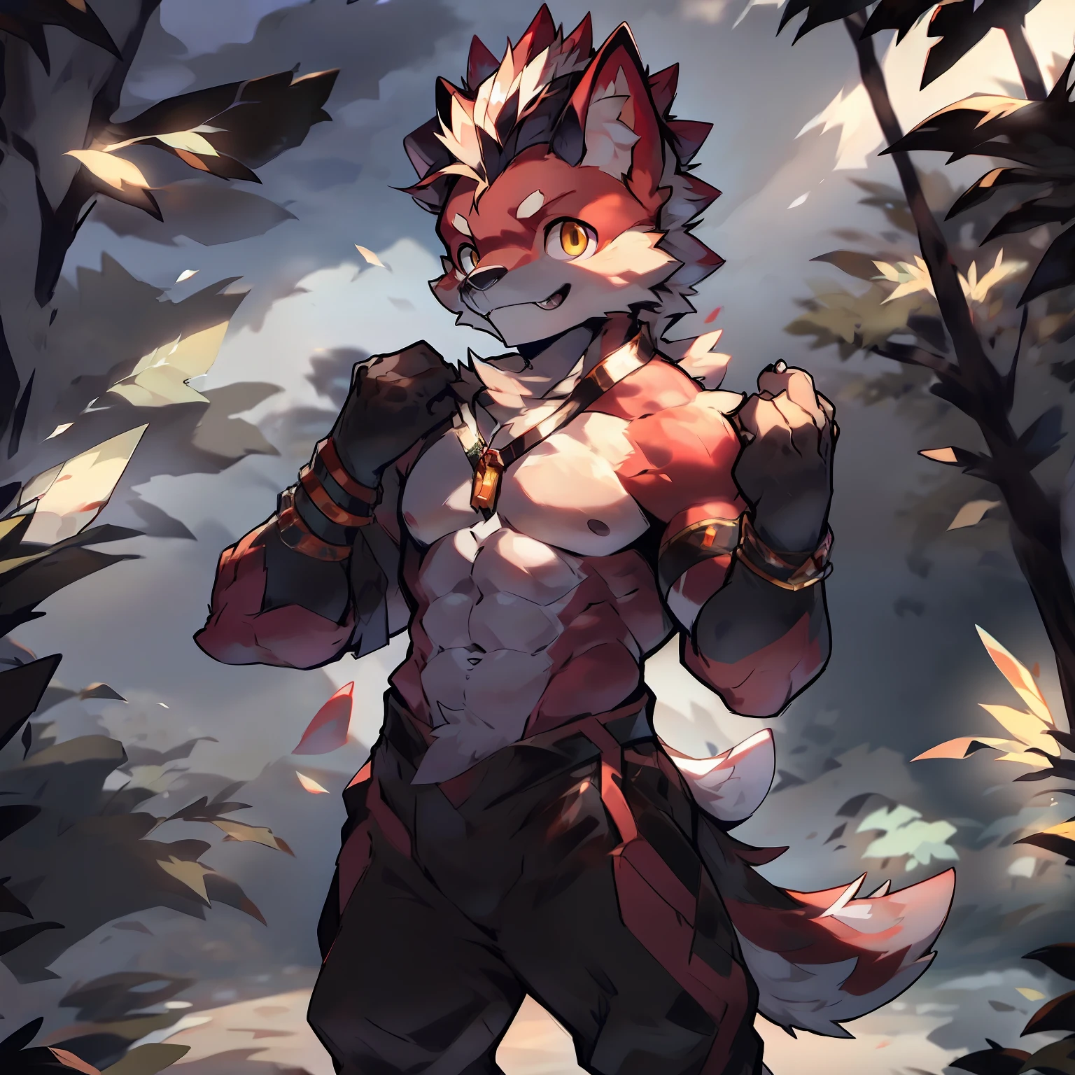 Best quality, Young, 15 year old, Furry, Solo, Male Dragon: 1.5, Red fur: 1.5, Red Ears, Animal Ear, Yellow eyes, Muscular body, Abs, Wearing Shaolin legging, Topless, Standing in the Chinese street, Wearing bracelets, Mohawk hair, Rich body movements, Detailed fur, Detailed clothes, Complex background, fangs.