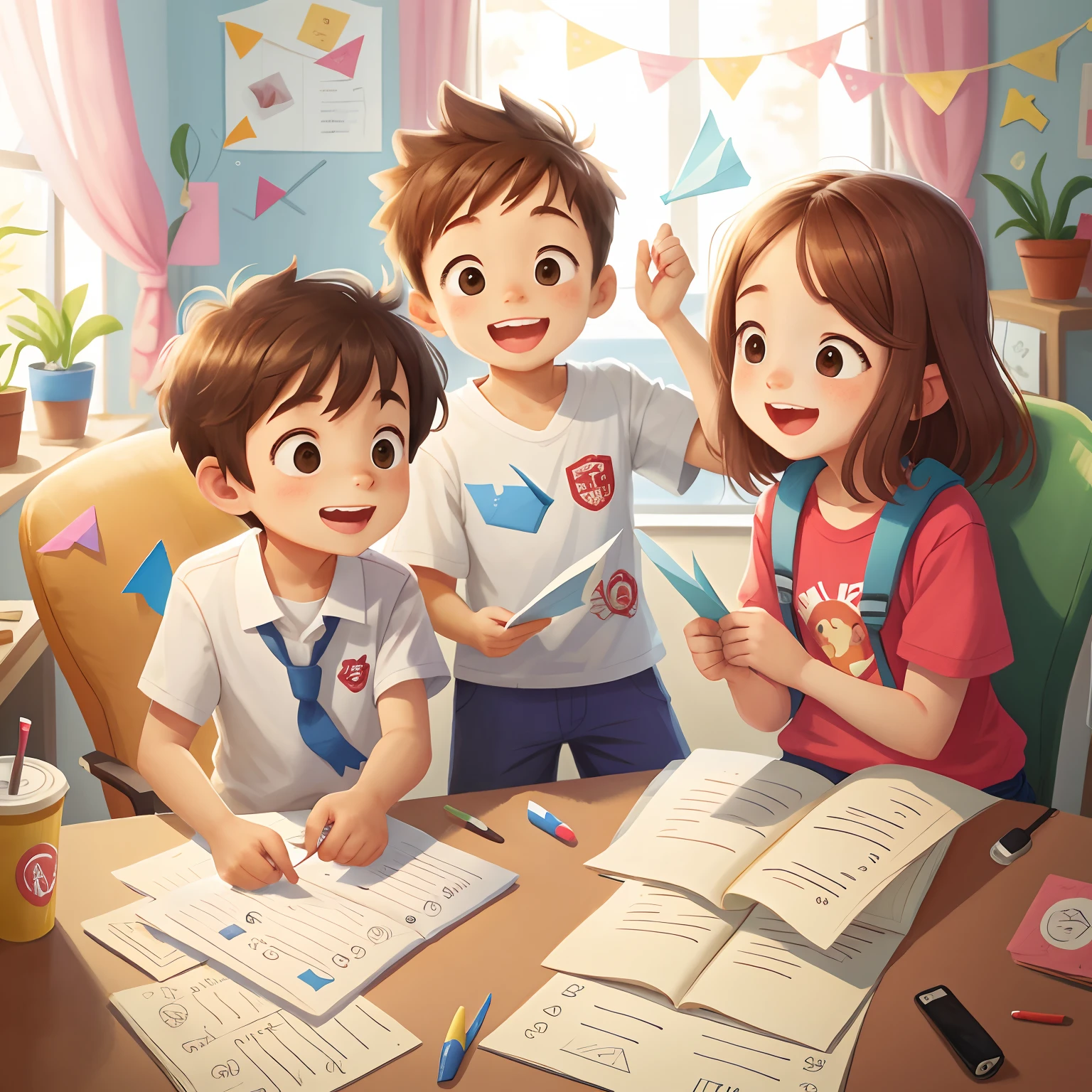 Happy kids sitting on paper airplanes