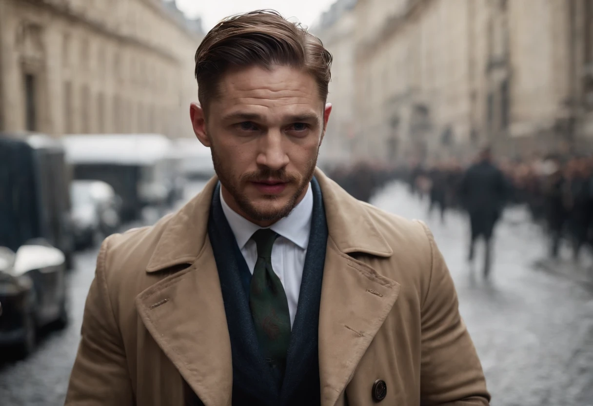 Tom hardy,como Constantine,Dc comics. Sobretudo. Charuto. Sex. Homem moderno., Vaidoso. Andando nas ruas de Paris.
